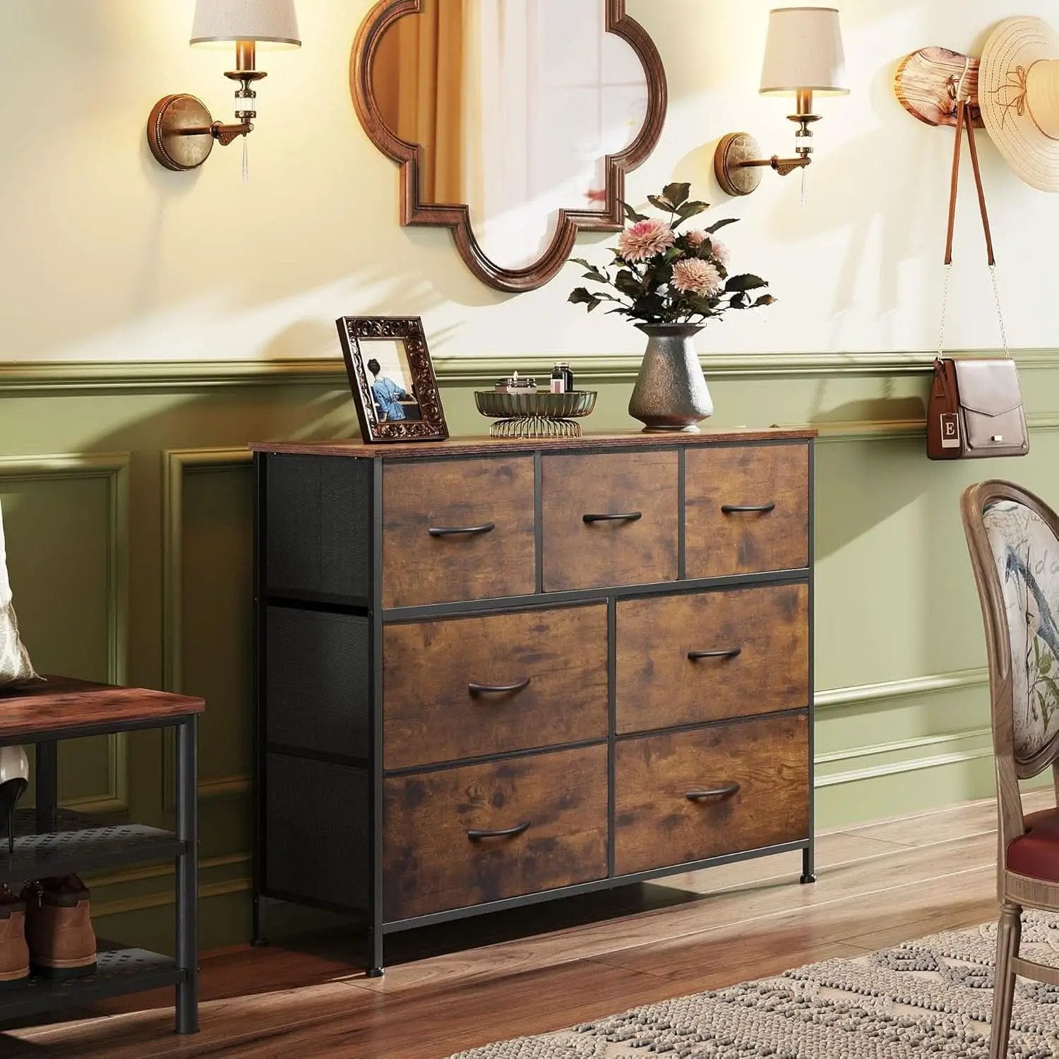 Rustic Fabric Dresser TV Stand With Wood Top And Metal Frame from PriceLows™