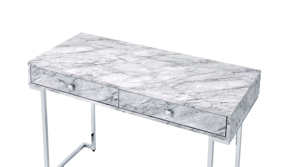 Tigress Writing Desk | Printed Faux Marble Top | White Engineered Stone Look | Two Storage Drawers