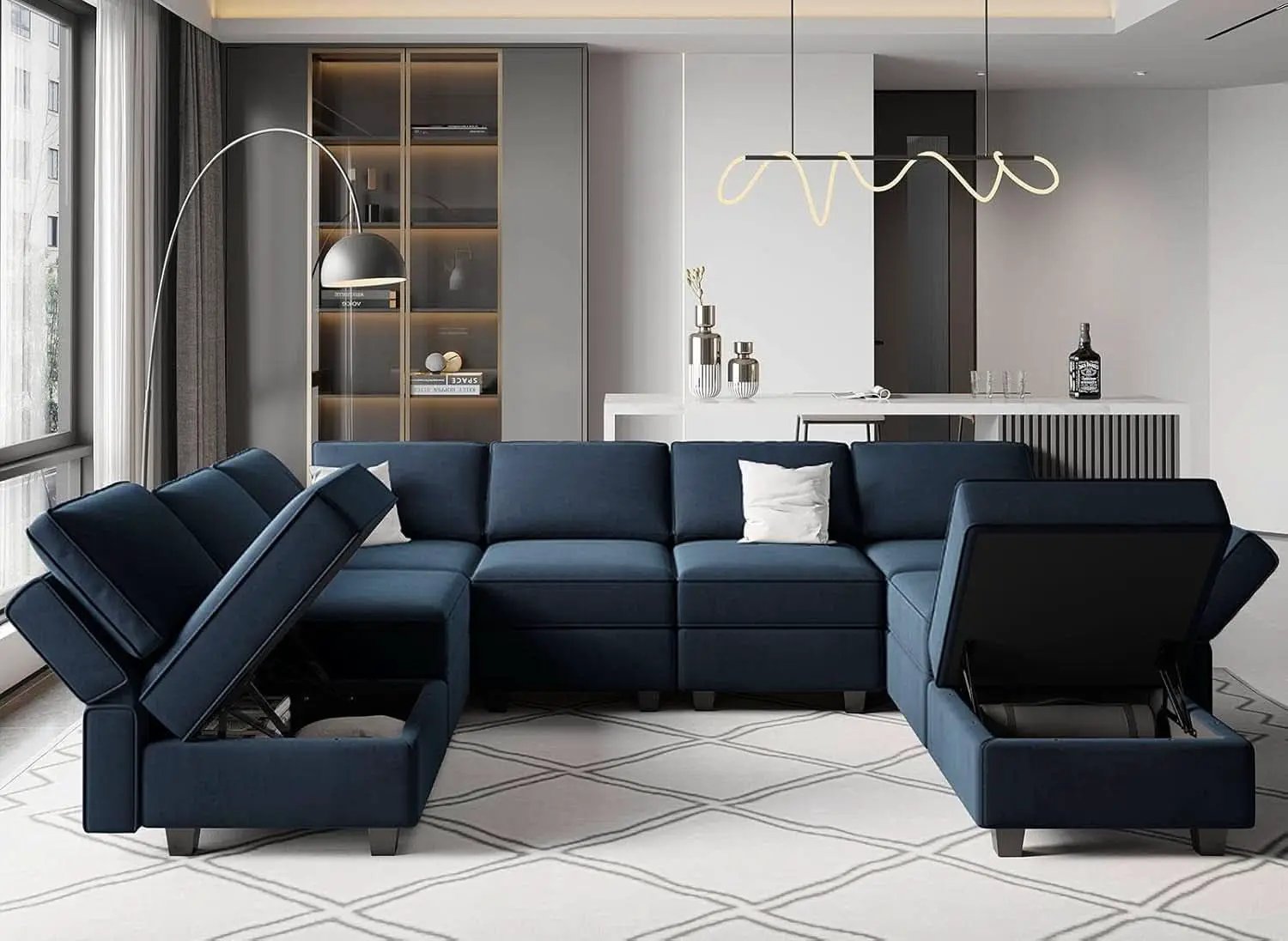 Modular Velvet Sectional Sofa Blue With Storage Ottoman from PriceLows™