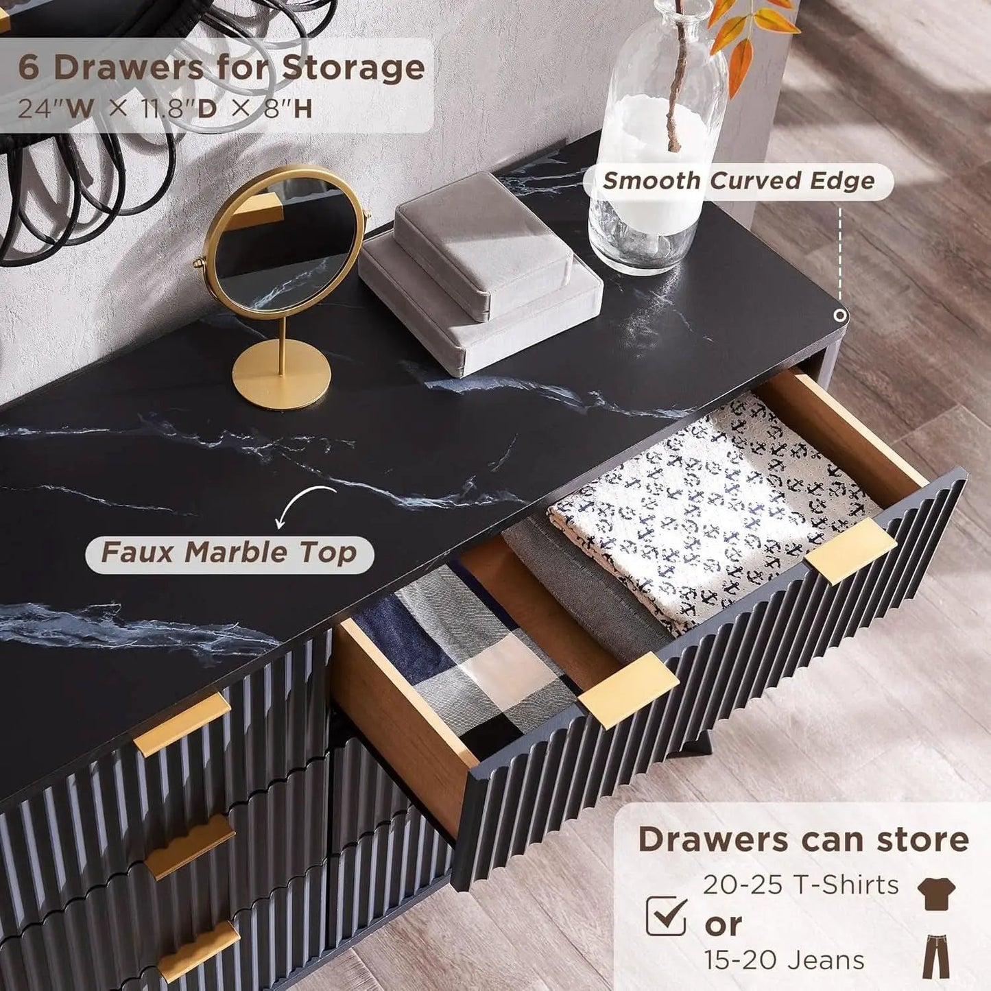 54 Inch Fluted Dresser With Dark Gray Faux Marble Top from PriceLows™