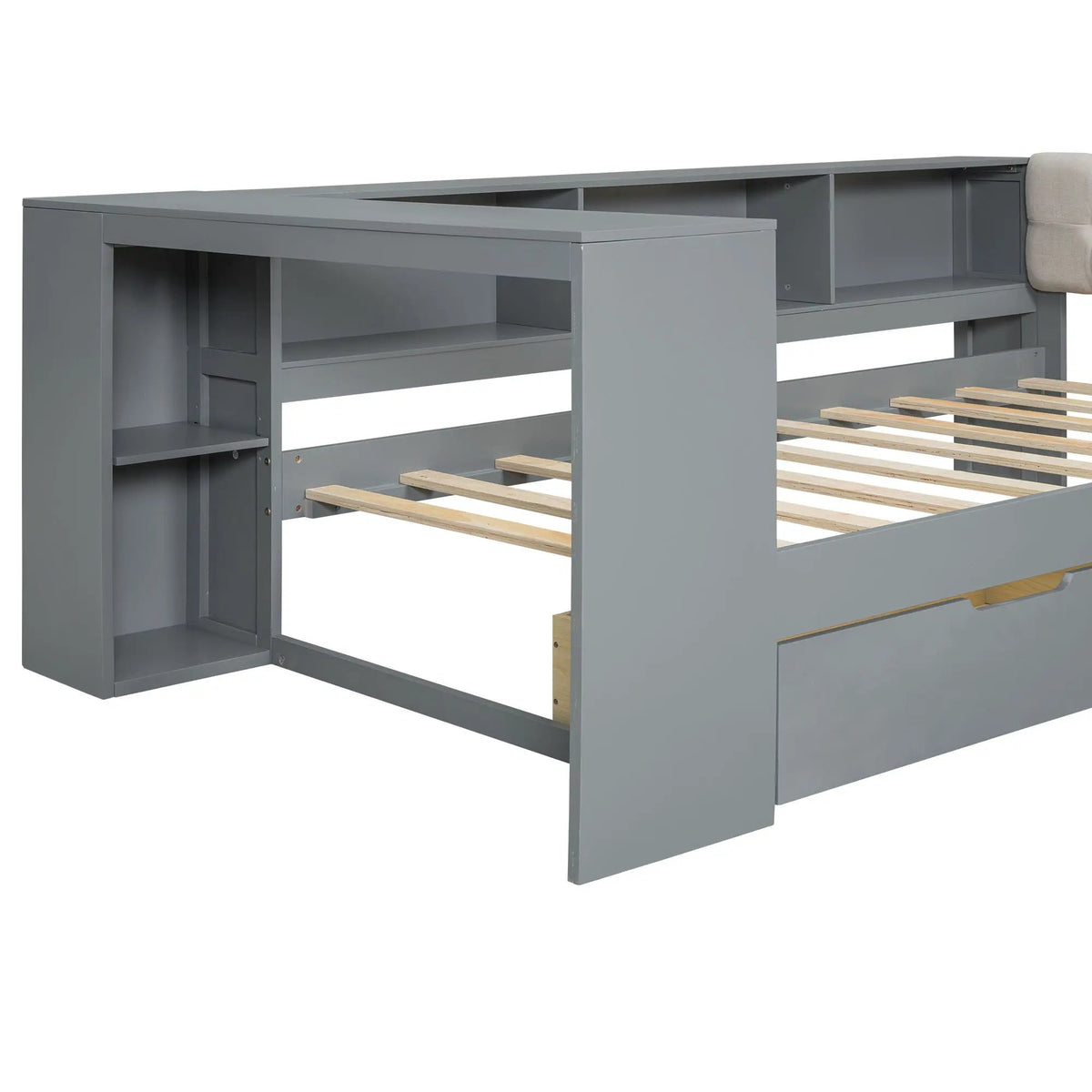 Upholstered Headboard Platform Bed | Storage Shelves | Two Drawers | Charging Station