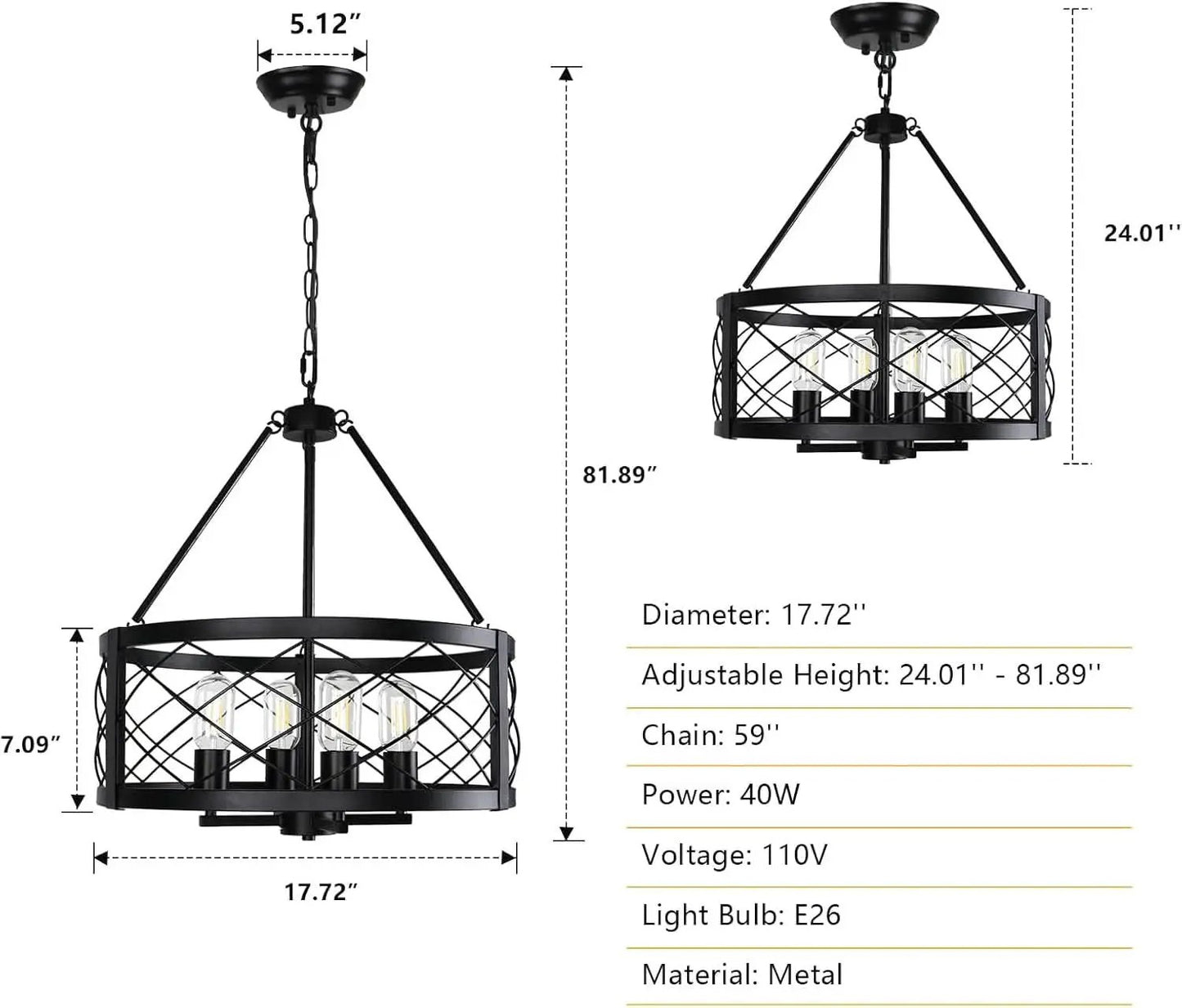 Black Industrial Chandelier Four Light Drum Fixture from PriceLows™