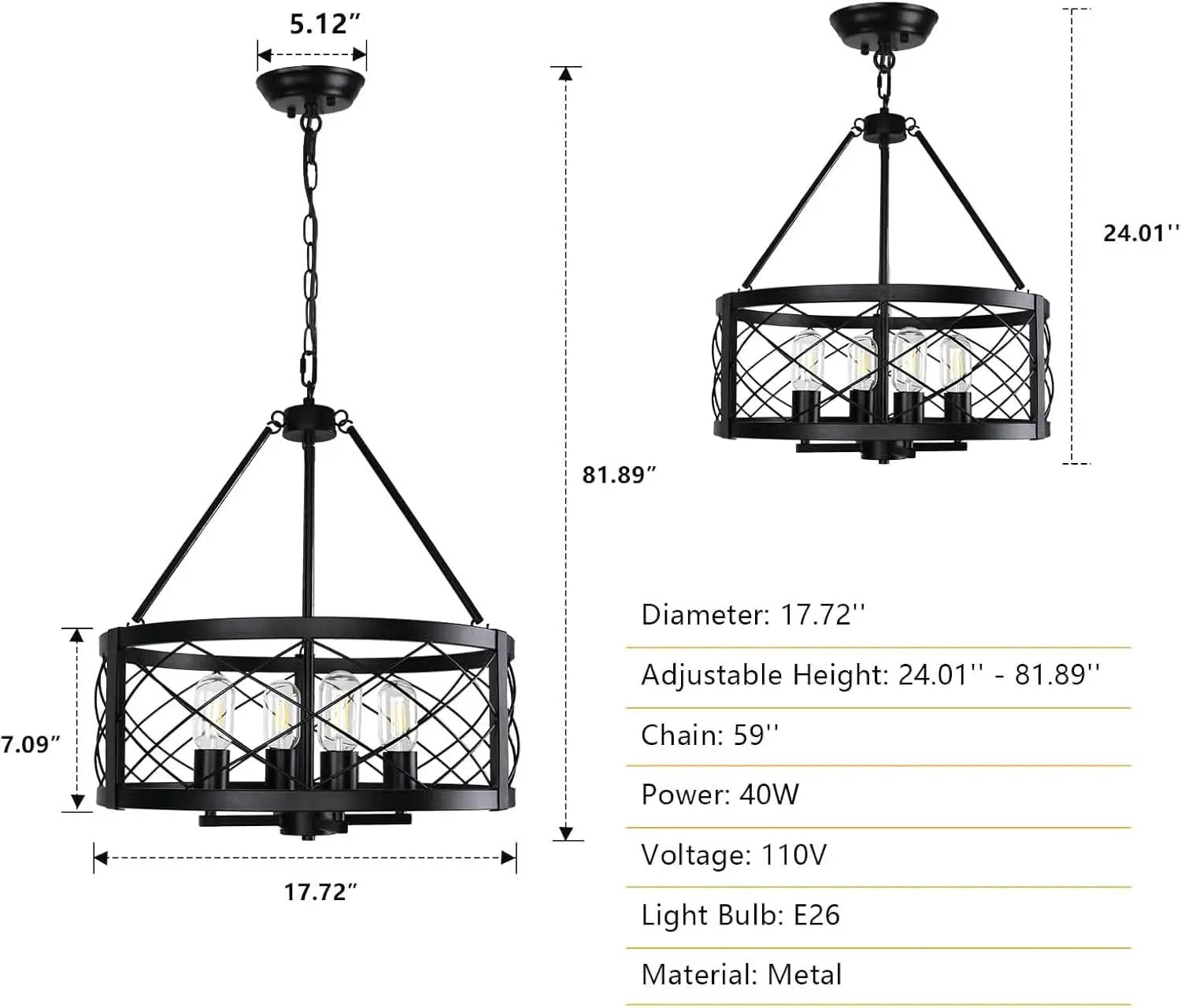 Black Industrial Chandelier Four Light Drum Fixture from PriceLows™