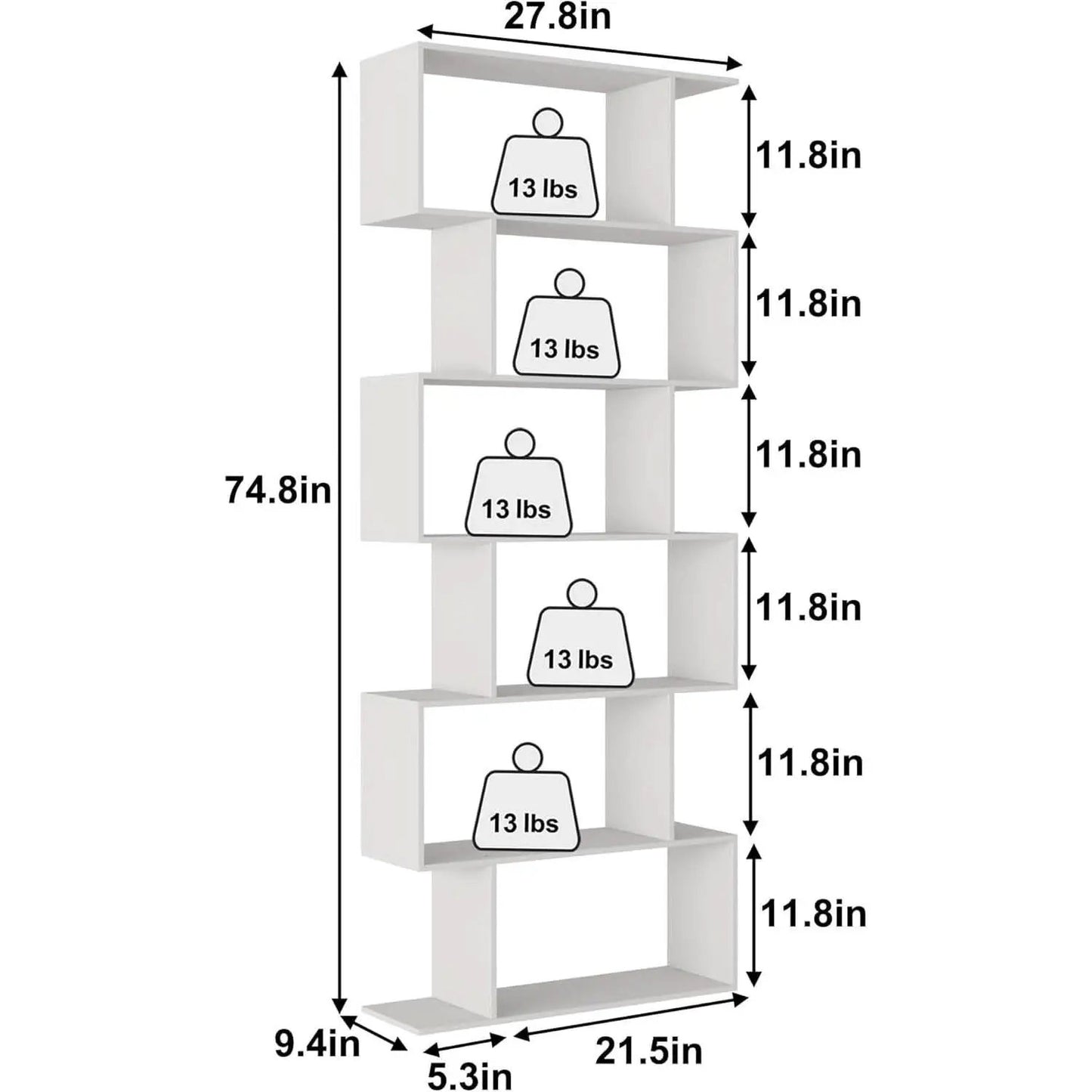 S Shaped Bookshelf White 6 Tier Display Bookcase Office from PriceLows™