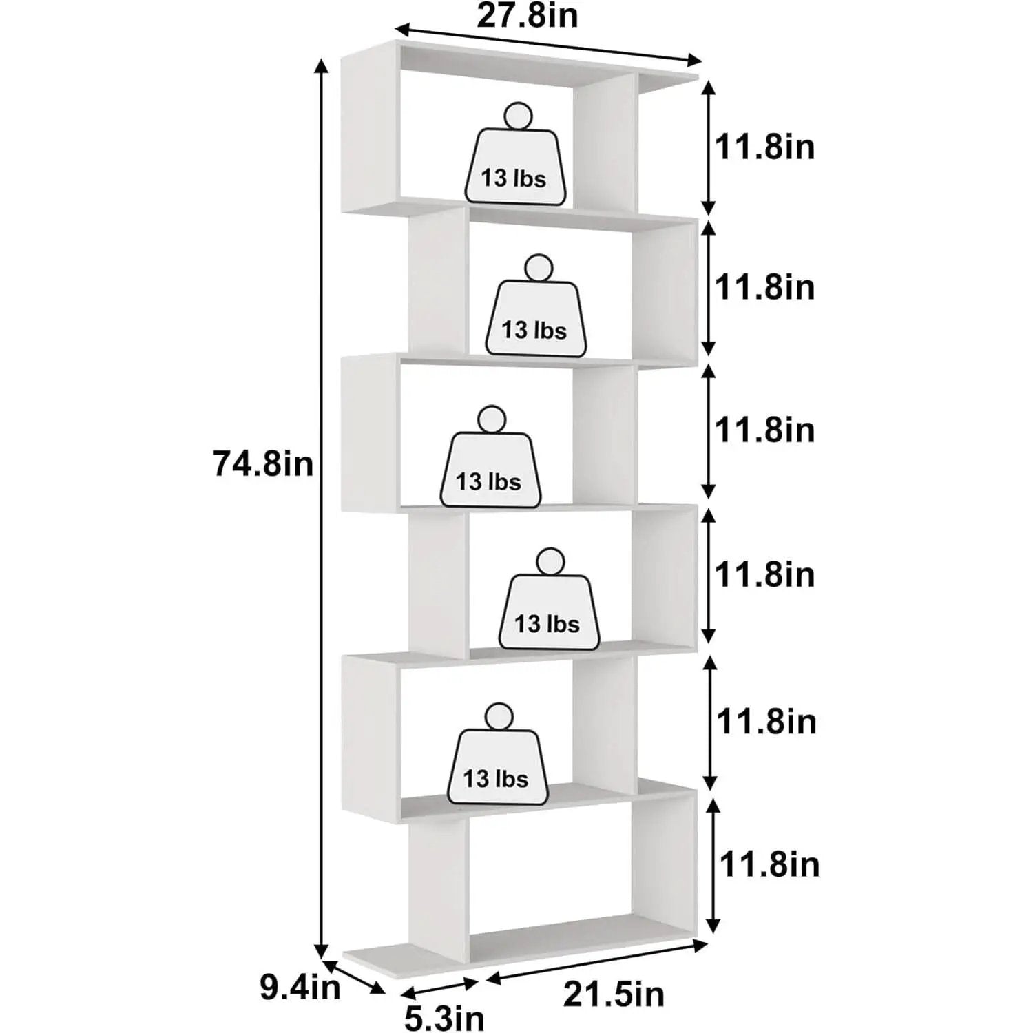 S Shaped Bookshelf White 6 Tier Display Bookcase Office from PriceLows™