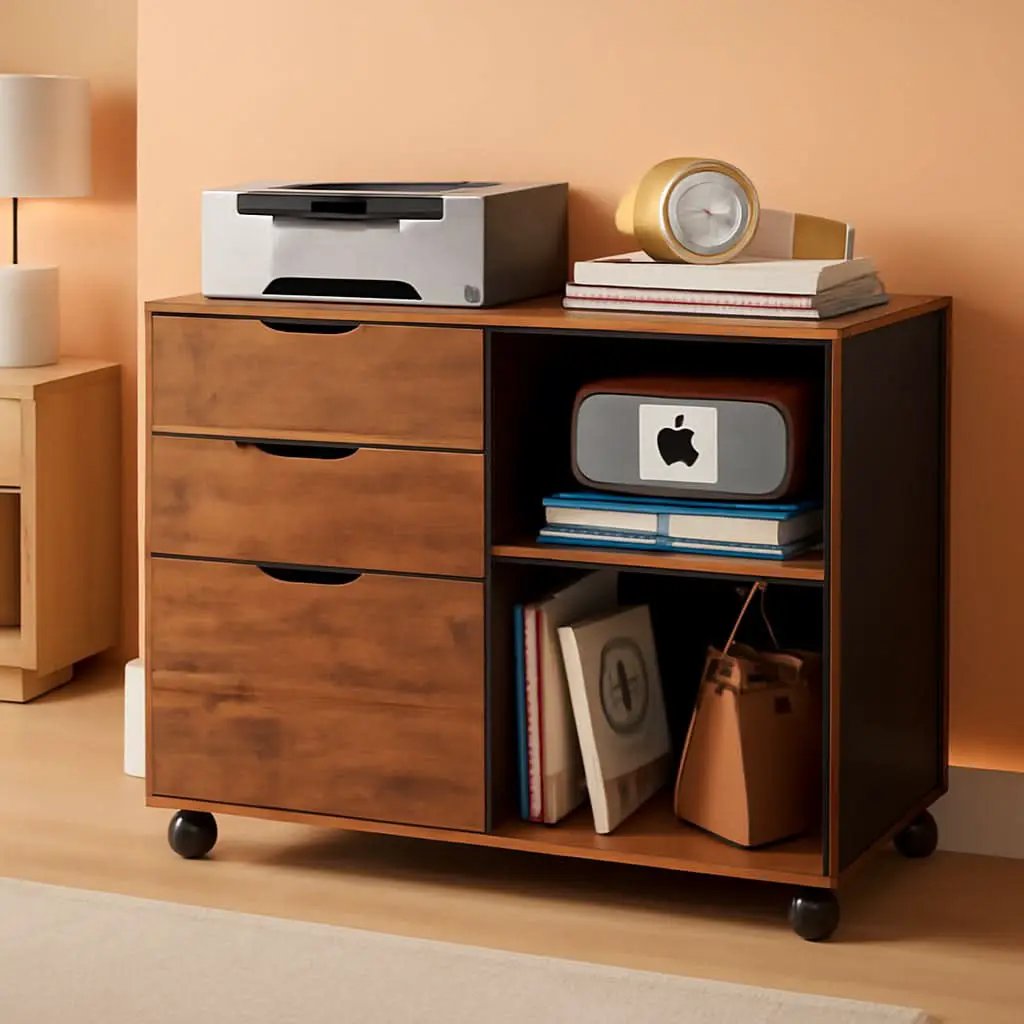 Mobile 3 Drawer Wood File Cabinet With Open Storage Shelves Rustic Brown from PriceLows™