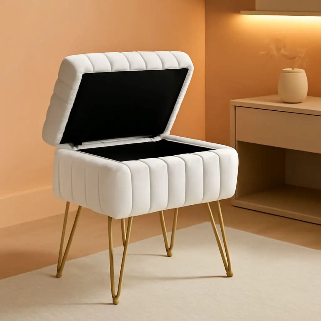 White Faux-Fur Vanity Stool With Premium-Grade Stowable-Storage from PriceLows™