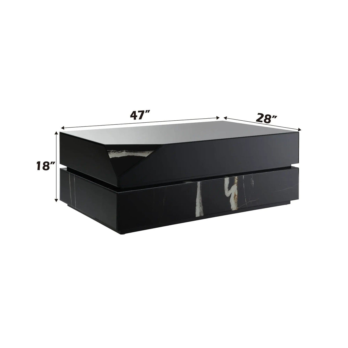 Wenona Mirrored Coffee Table | 28 x 47 x 18 in | Marble & Tempered Glass | Black