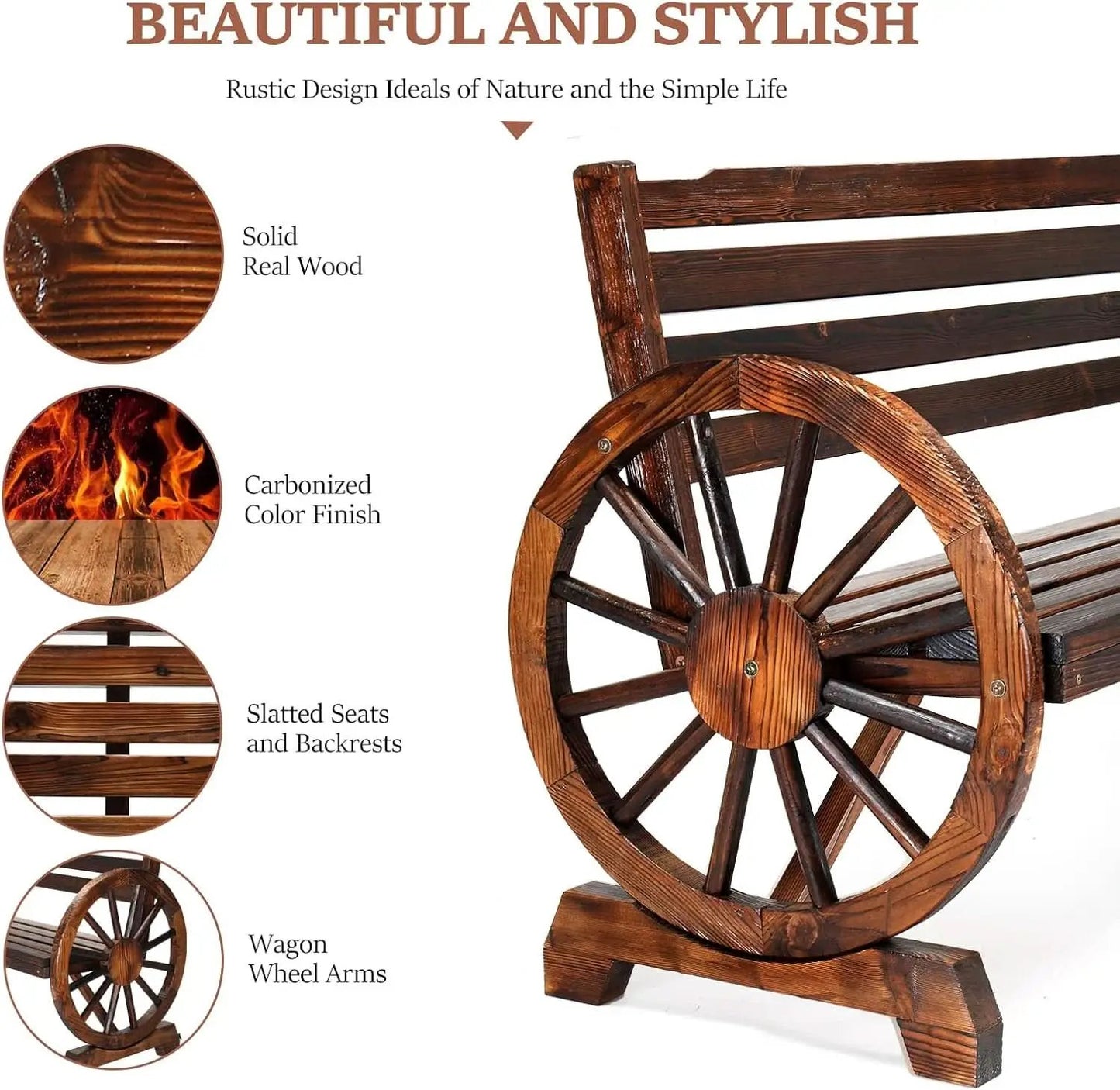 Rustic Wooden Garden Bench with Wagon Wheel Arms from PriceLows™