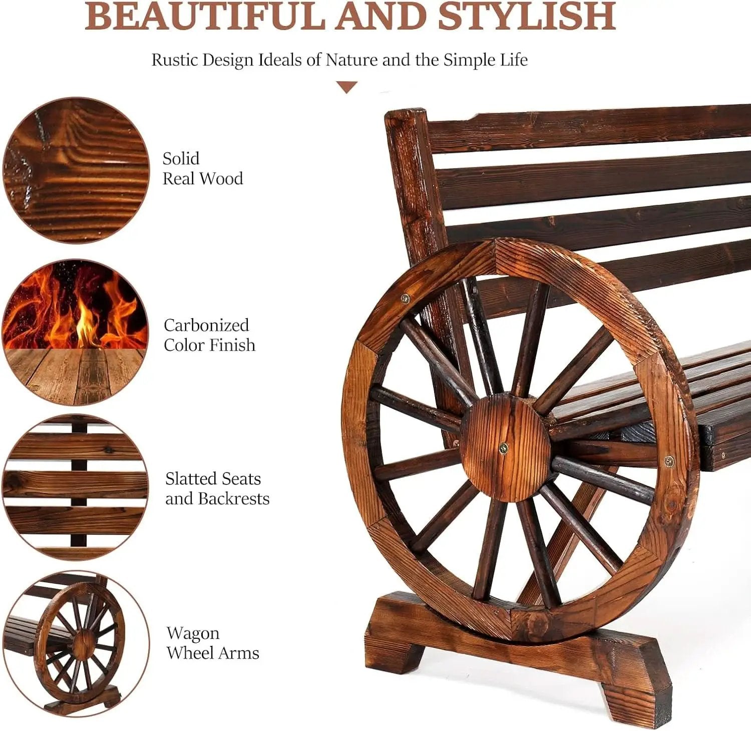 Rustic Wooden Garden Bench with Wagon Wheel Arms from PriceLows™