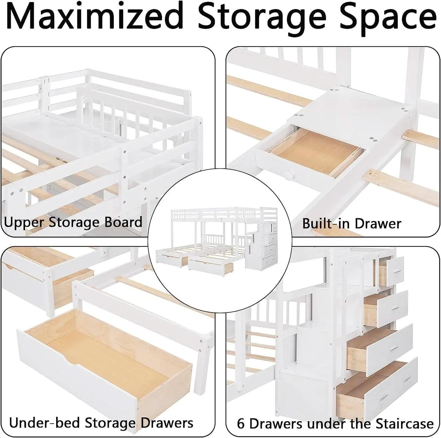 White Triple Bunk Bed With Storage Staircase Full Over Twin And Twin Bunk Bed from PriceLows™
