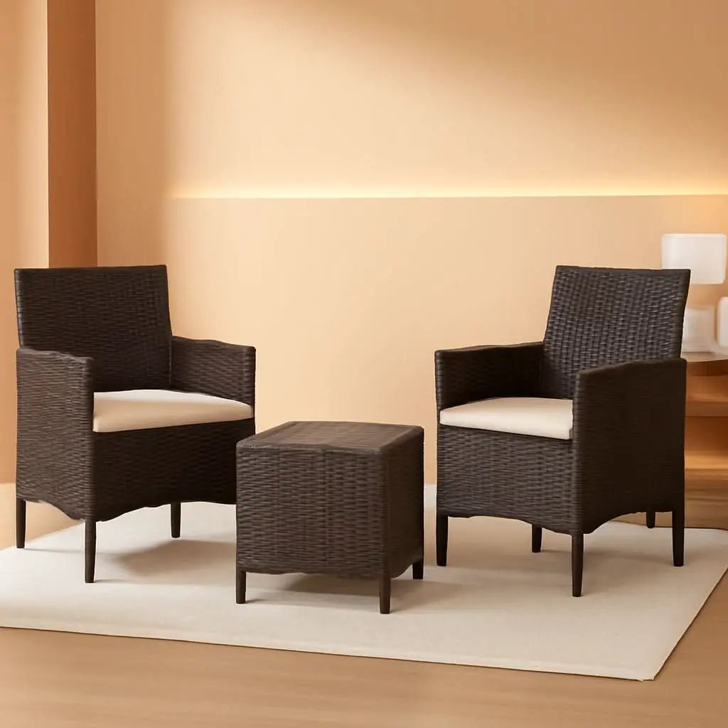3 Piece Outdoor Rattan Furniture Set With Cushions And Glass Coffee Table Brown Beige For Garden Porch Poolside from PriceLows™