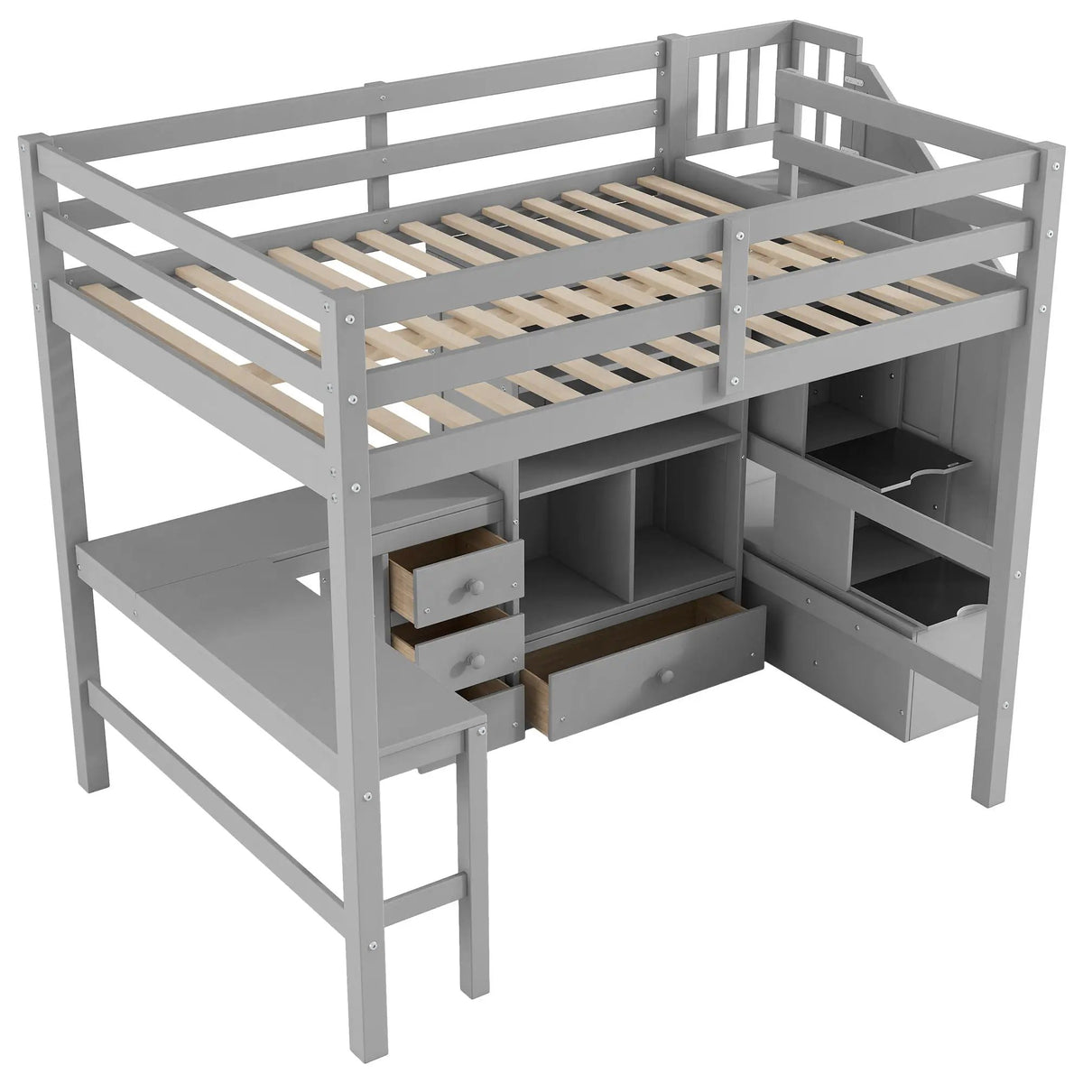 Loft Bed With L-Shaped Desk | Three Drawers | Cabinet | Storage Staircase