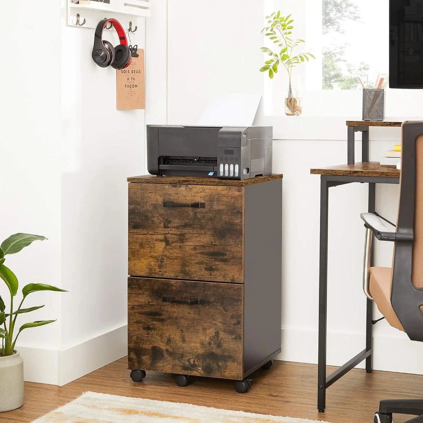Two Drawer File Cabinet For Home Office Rolling Rustic Brown And Black Fits A4 And Letter Files from PriceLows™
