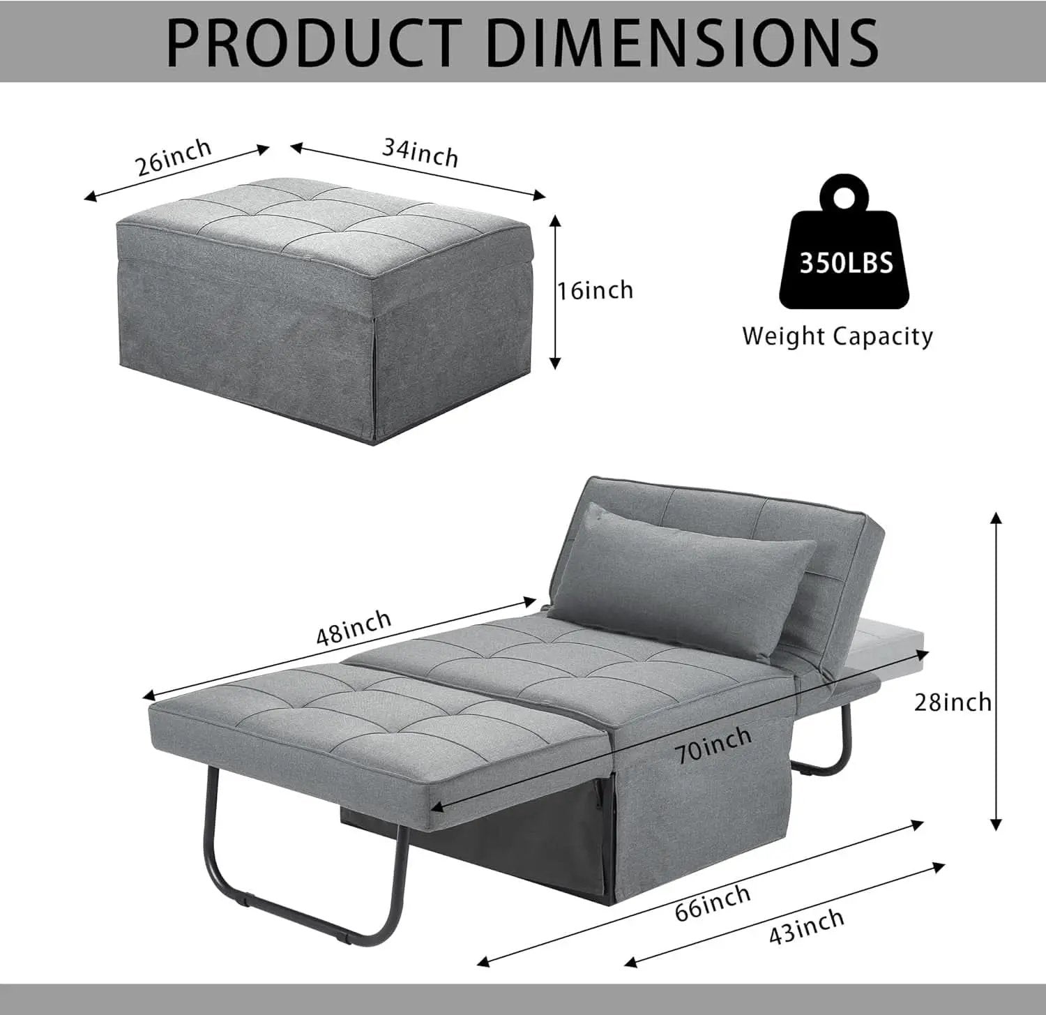 Light Grey Contemporary Convertible Sofa Bed Ottoman from PriceLows™