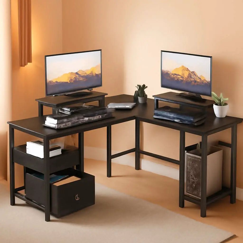 Fifty Nine Inch L Shaped Desk With Black Storage Drawers Unit from PriceLows™
