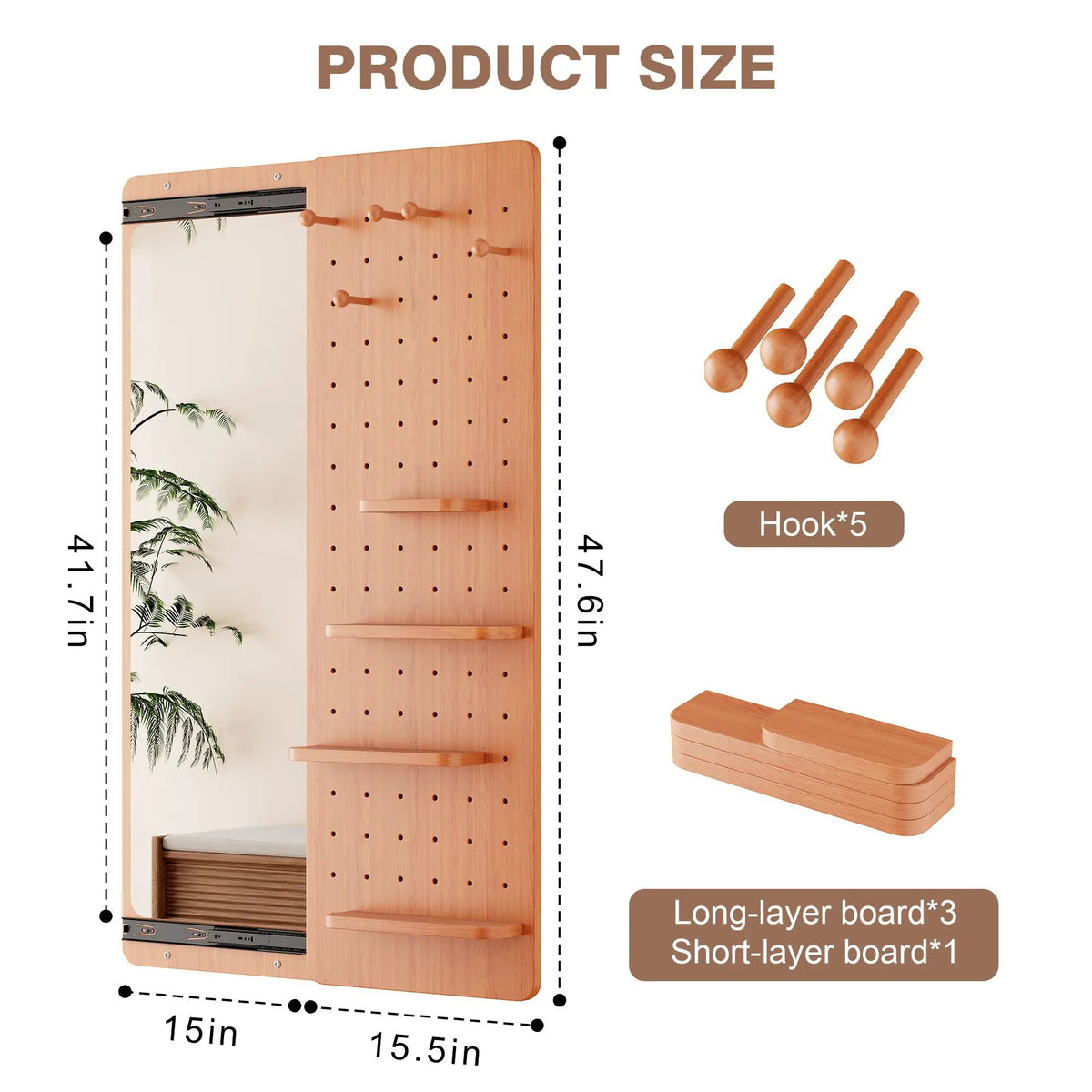 Wall Mounted Full Length Mirror | Shelf And Hook | Solid Rubber Wood | Push-Pull Removable Panel