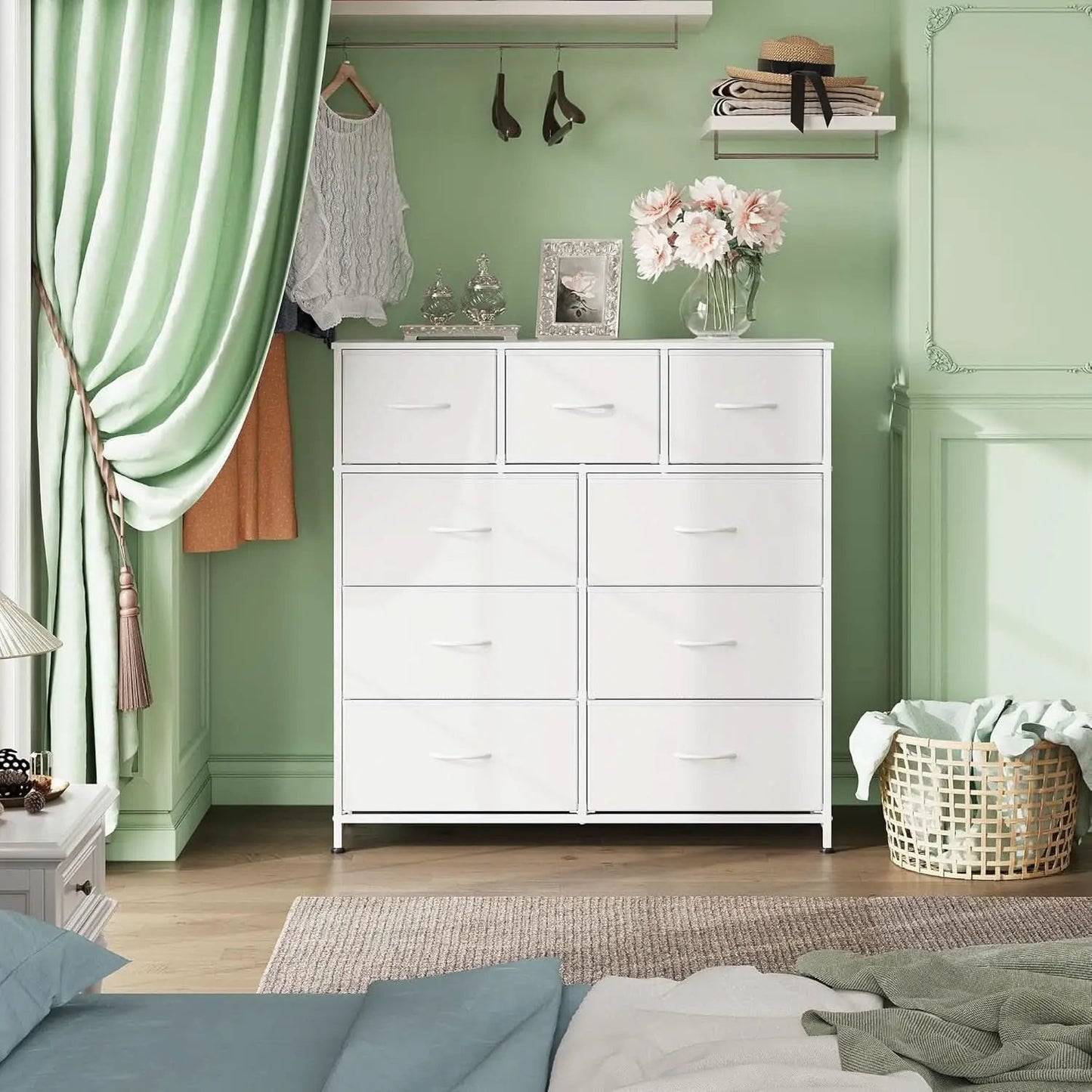 9 Drawer Fabric Dresser White With Steel Frame And Wood Top from PriceLows™
