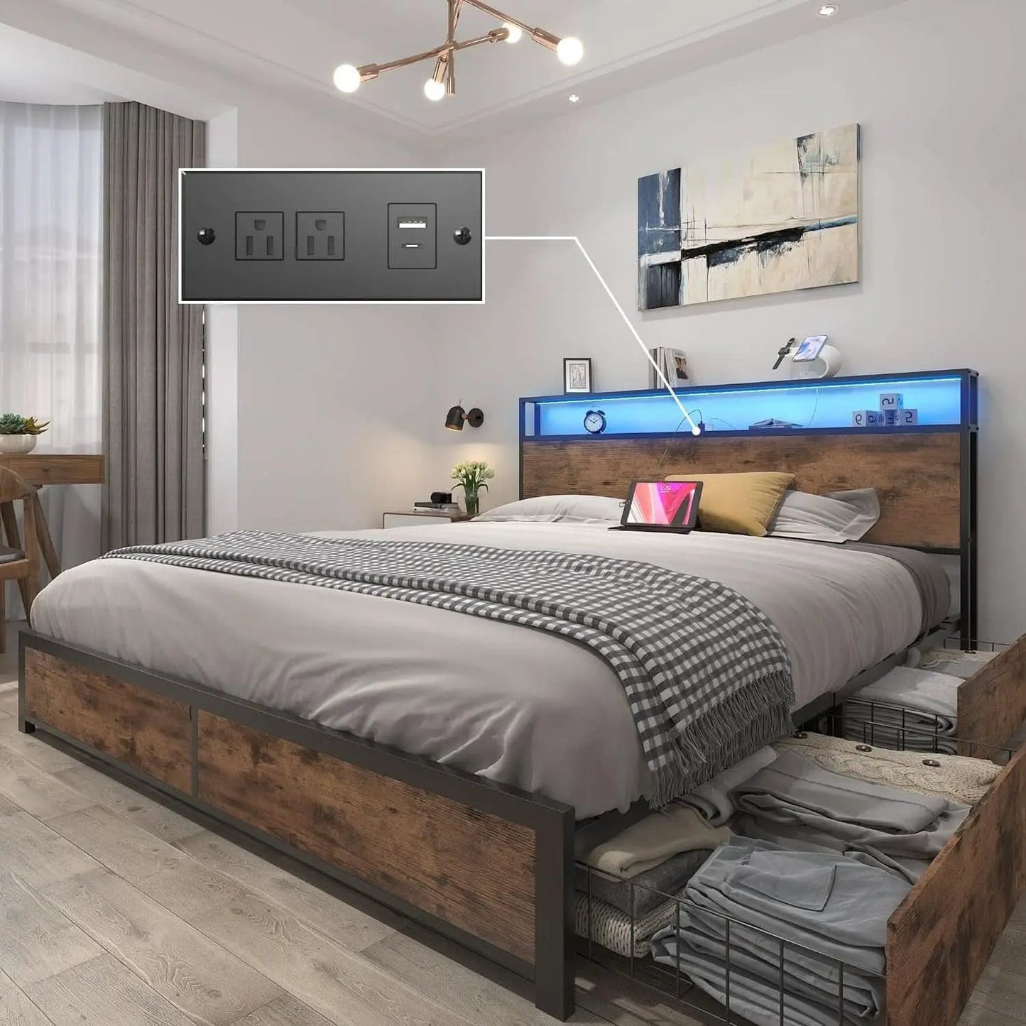 Queen Metal Platform Bed With Storage Headboard And Drawers from PriceLows™