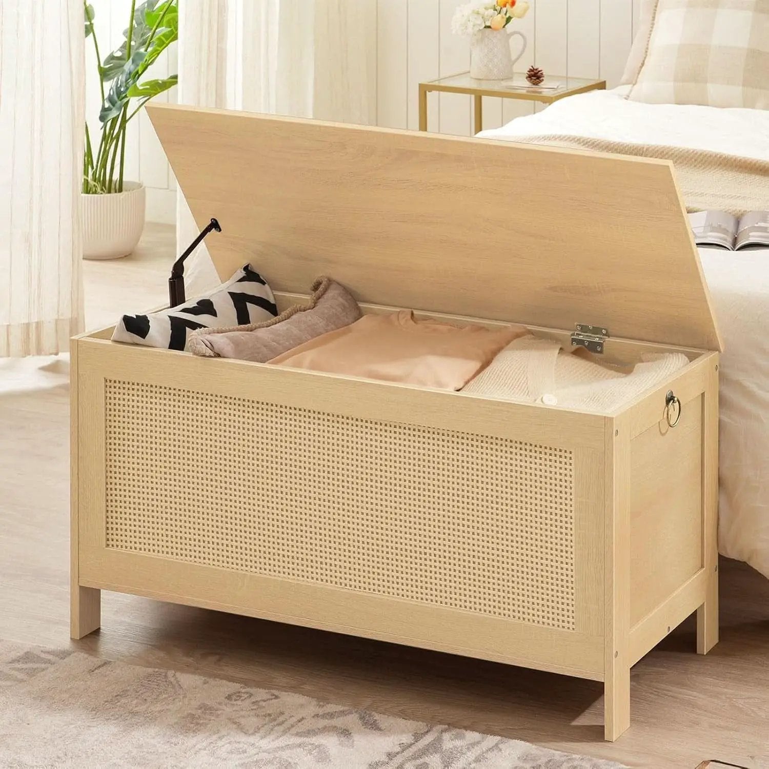 Large Natural Storage Bench with Safety Hinge, 39.4 Inches from PriceLows™