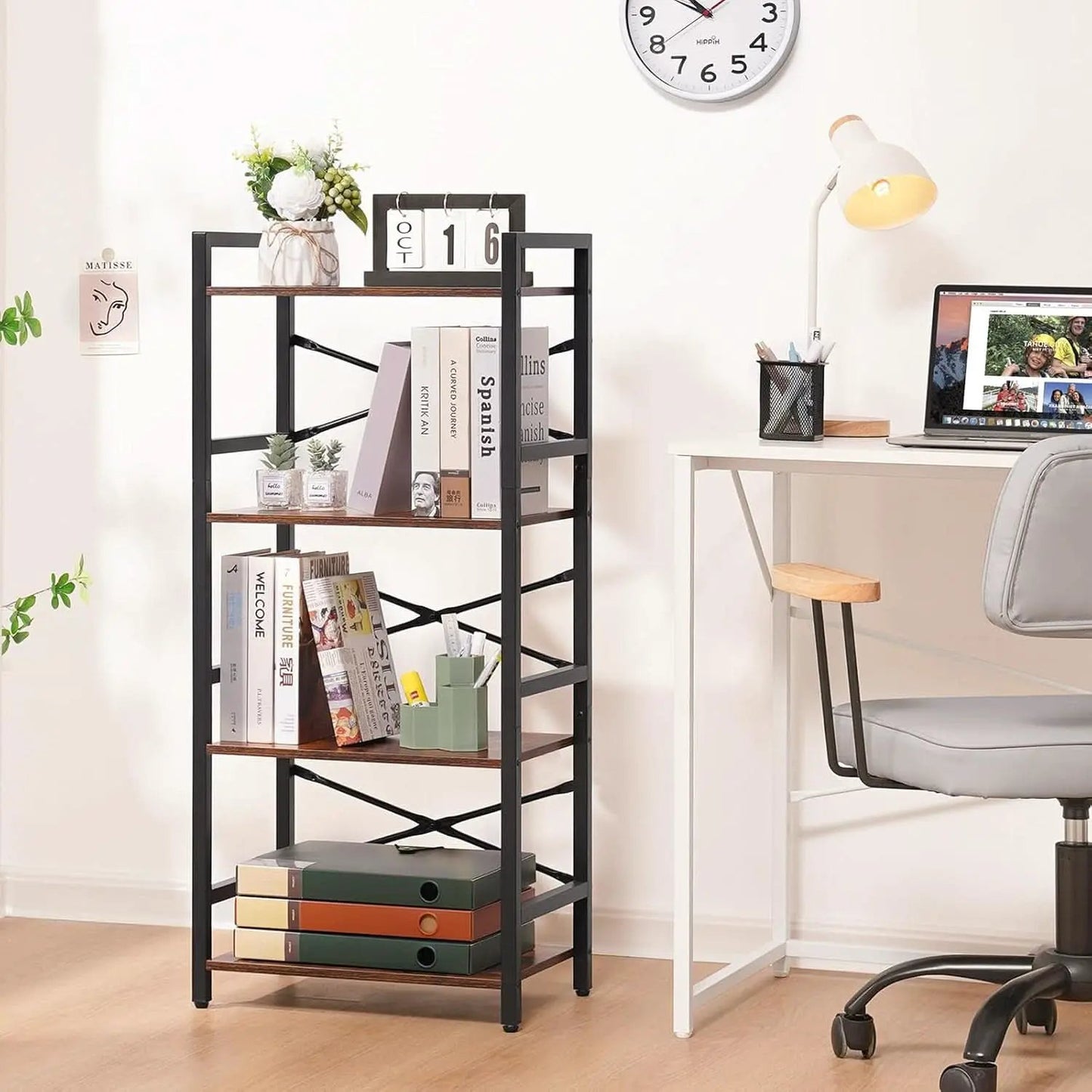 Industrial 4 Tier Narrow Bookcase Berry Brown Space Saving from PriceLows™