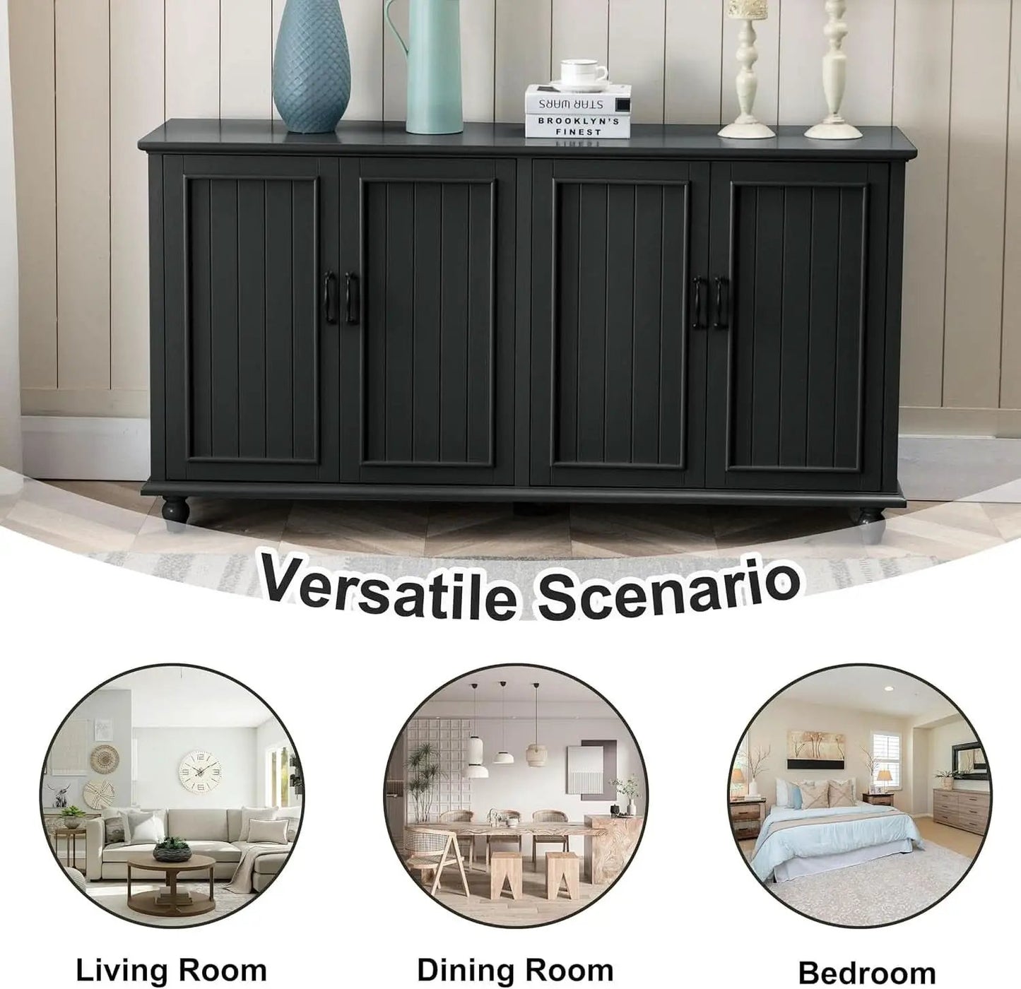 Black 62 Inch Coffee Bar Cabinet Four Doors Storage from PriceLows™