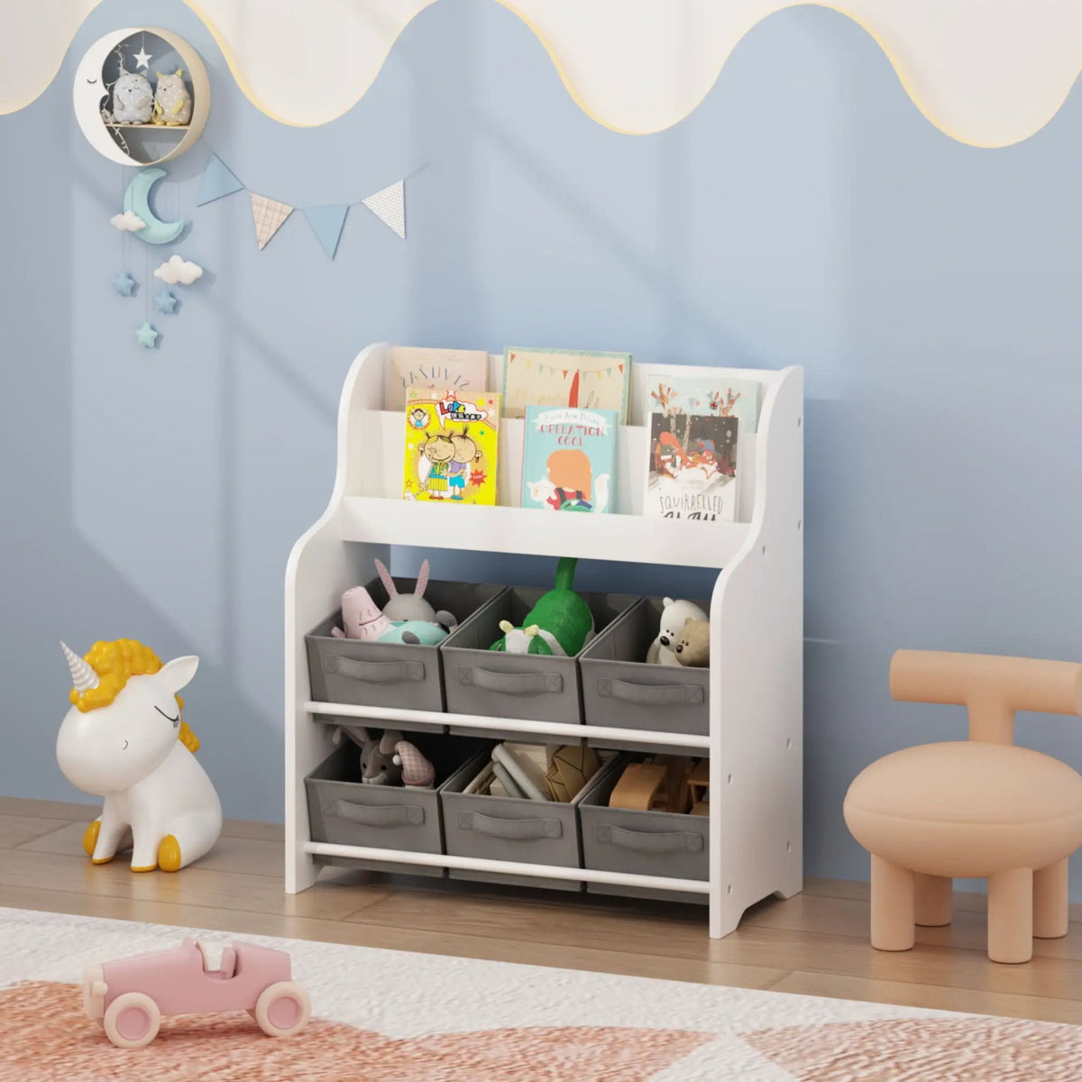Bookshelf | 3 Open Shelves | 6 Storage Bins | White