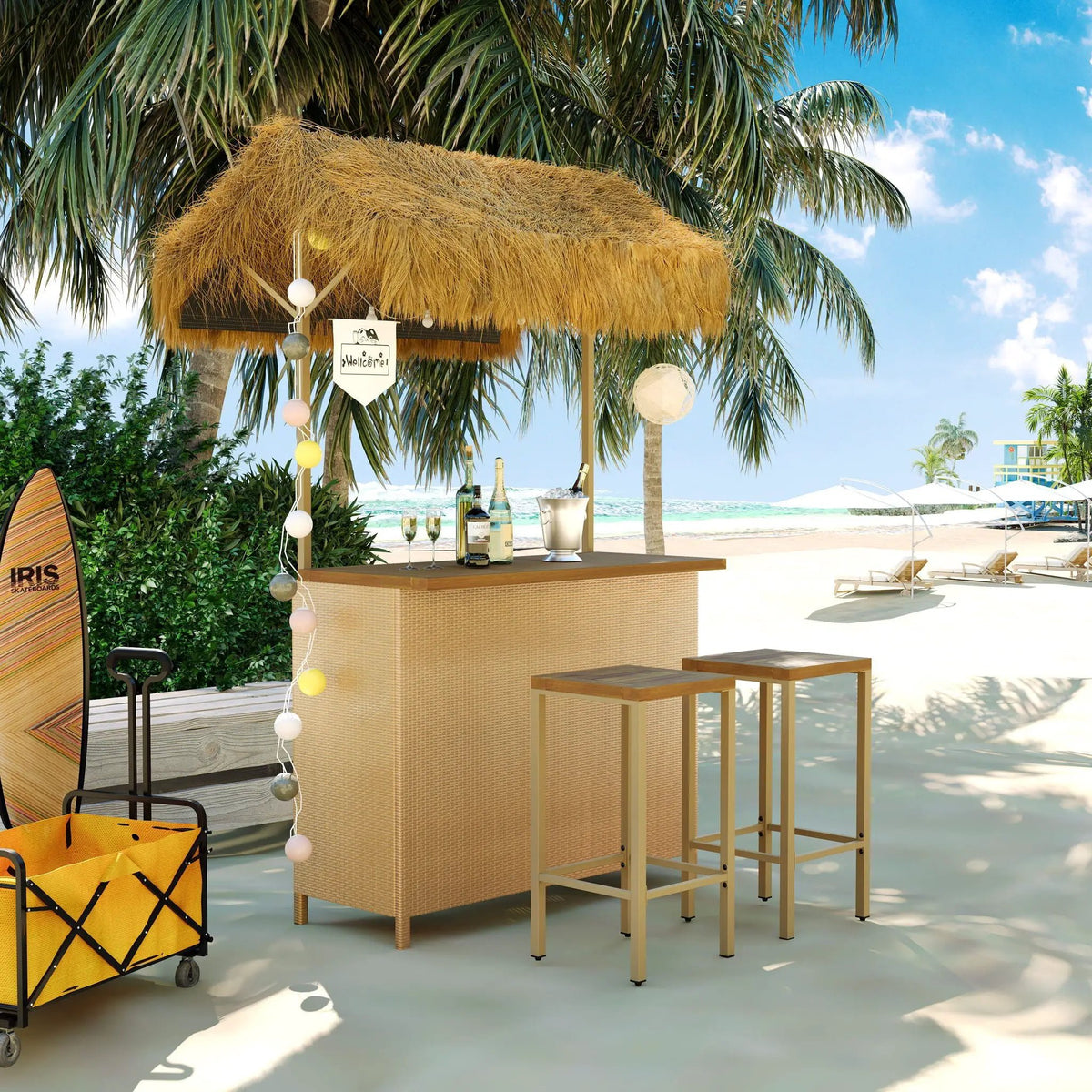 Outdoor Bar Height Patio Set | Acacia Wood Top | Grass Canopy | 5 Piece Natural