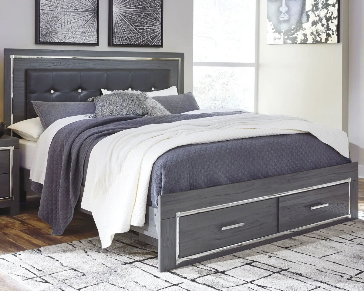 Lodanna Panel Bedroom Set | 4-Piece | Modern Wood-Grain Finish | Faceted Chrome Details