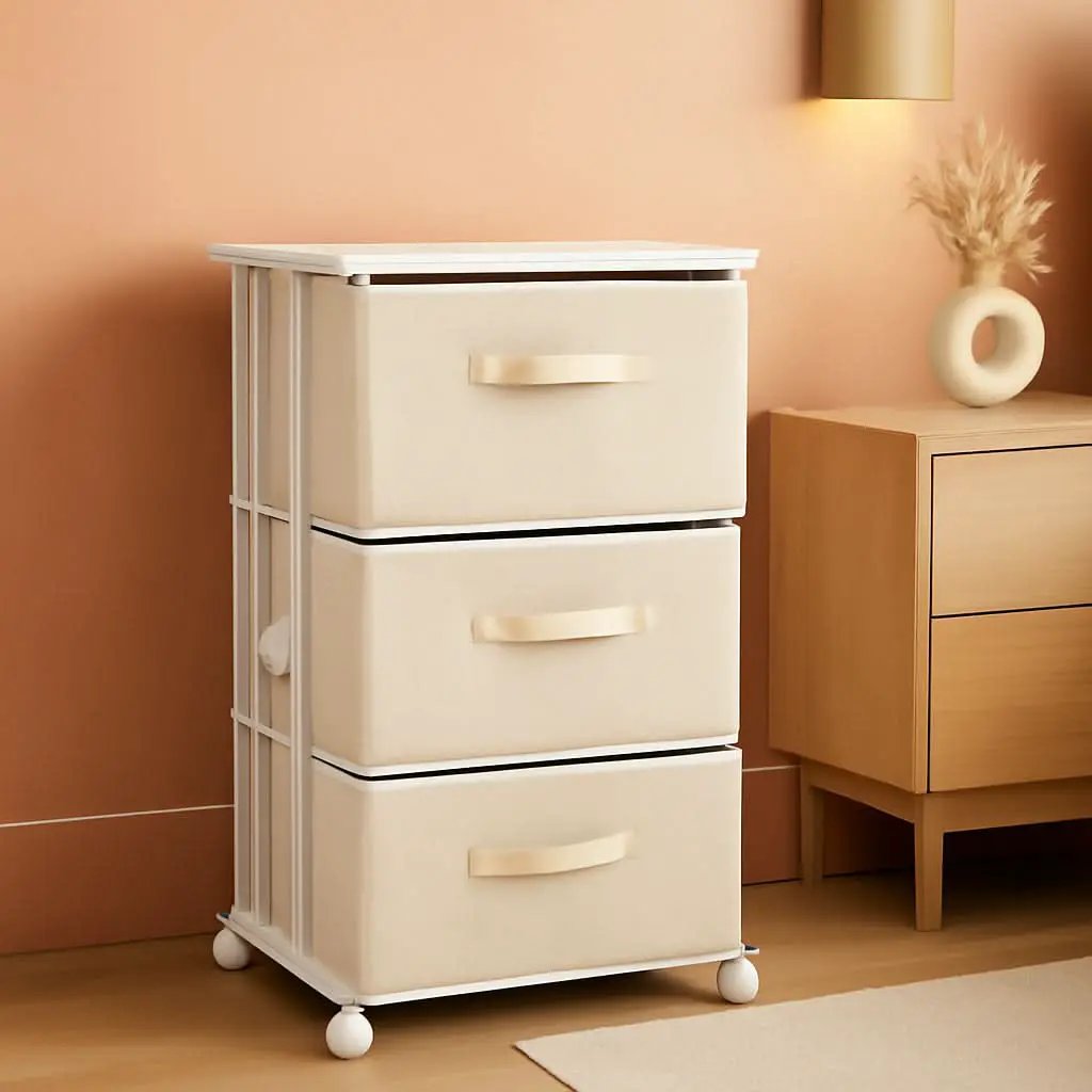 Beige Dresser Tower With 3 Drawers And Wood Top Fabric from PriceLows™