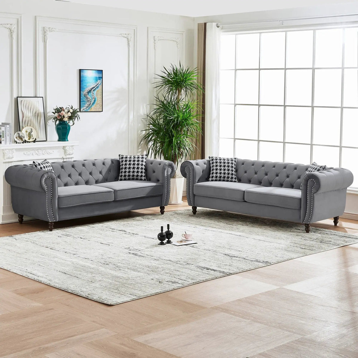 Chesterfield Fabric Sofa | Rolling Arms | Nailhead Trim | 3 Seater