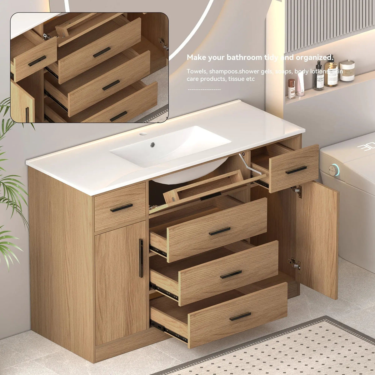Bathroom Vanity With Abundant Storage | 2 Soft Close Doors | 6 Drawers | MDF Cabinet