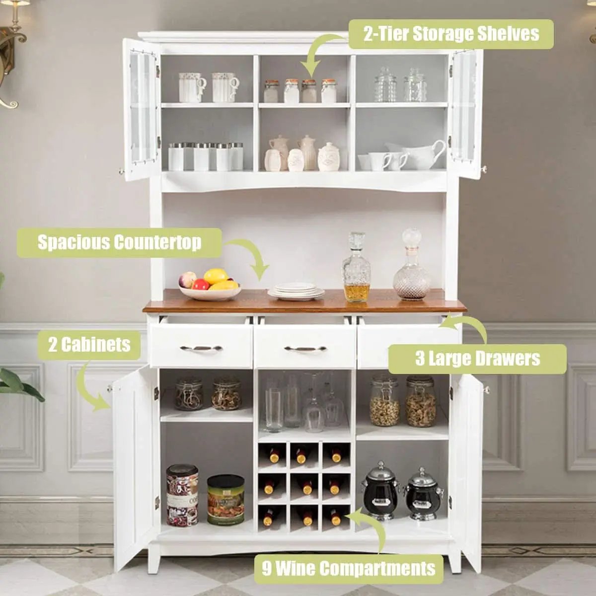 White Kitchen Hutch Sideboard With Built In Wine Rack from PriceLows™
