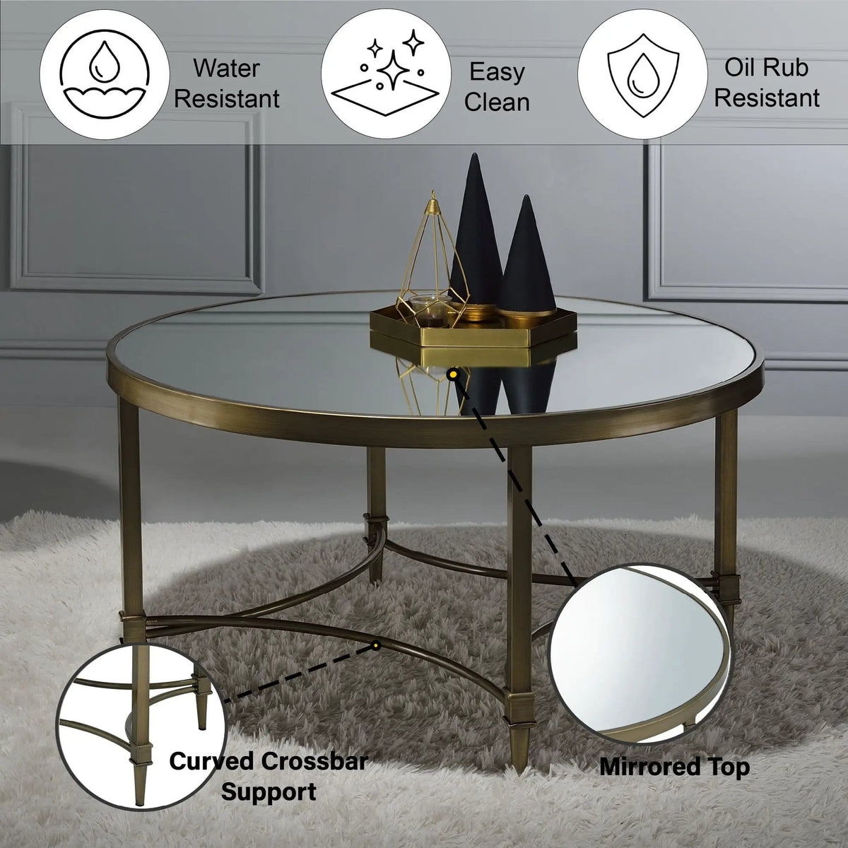 Aditya Mirrored Antique Brass Coffee Table | 36 x 36 x 19 in | Glass & Metal | Antique Brass