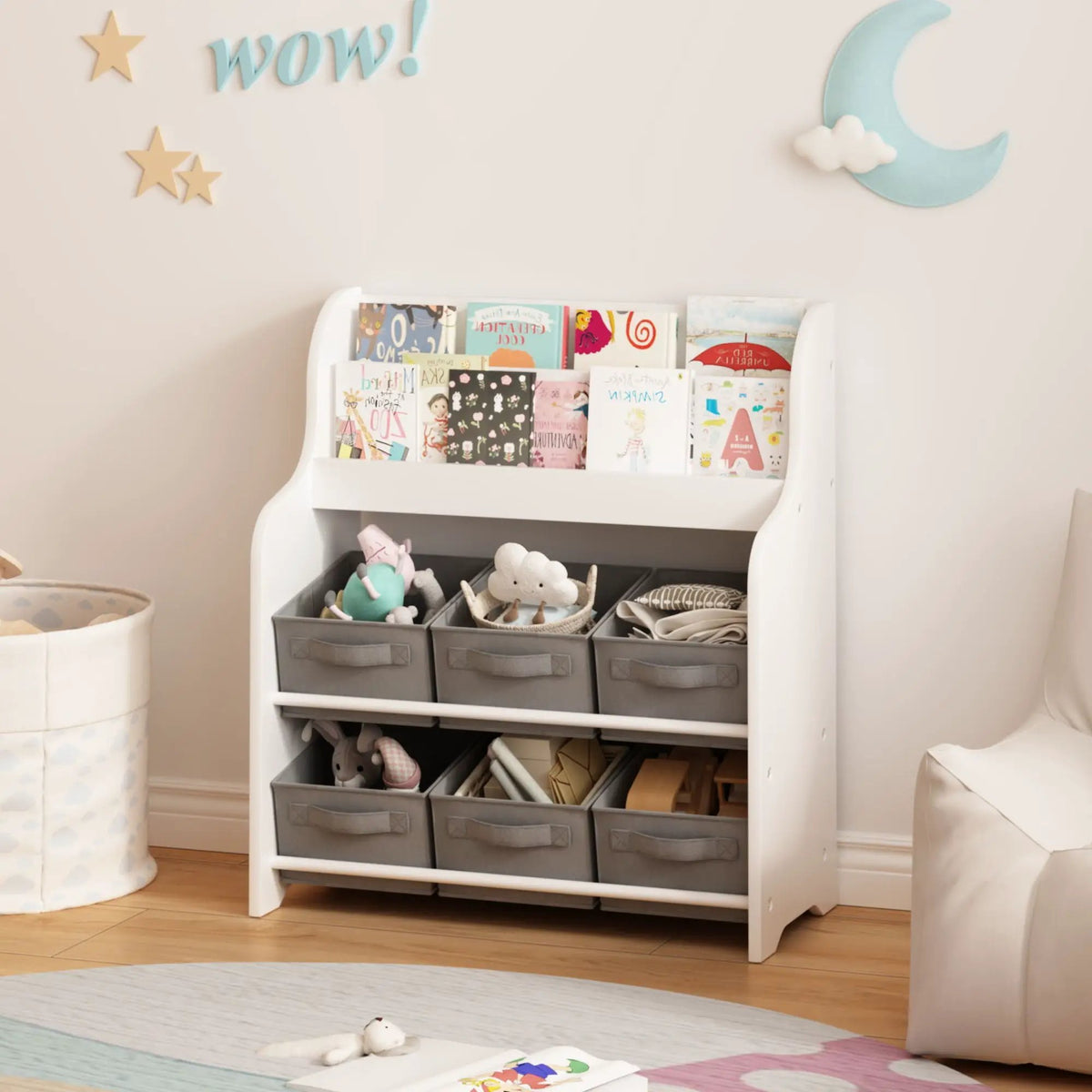 Bookshelf | 3 Open Shelves | 6 Storage Bins | White