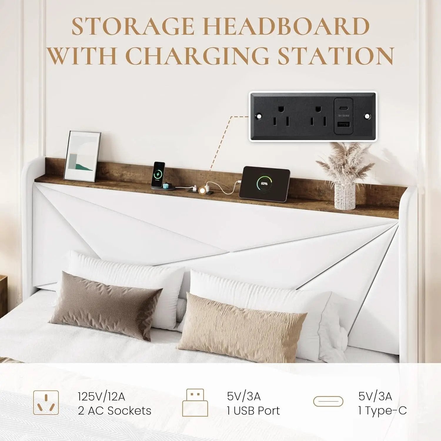 White Velvet Upholstered Bed Frame With USB Type C Ports from PriceLows™