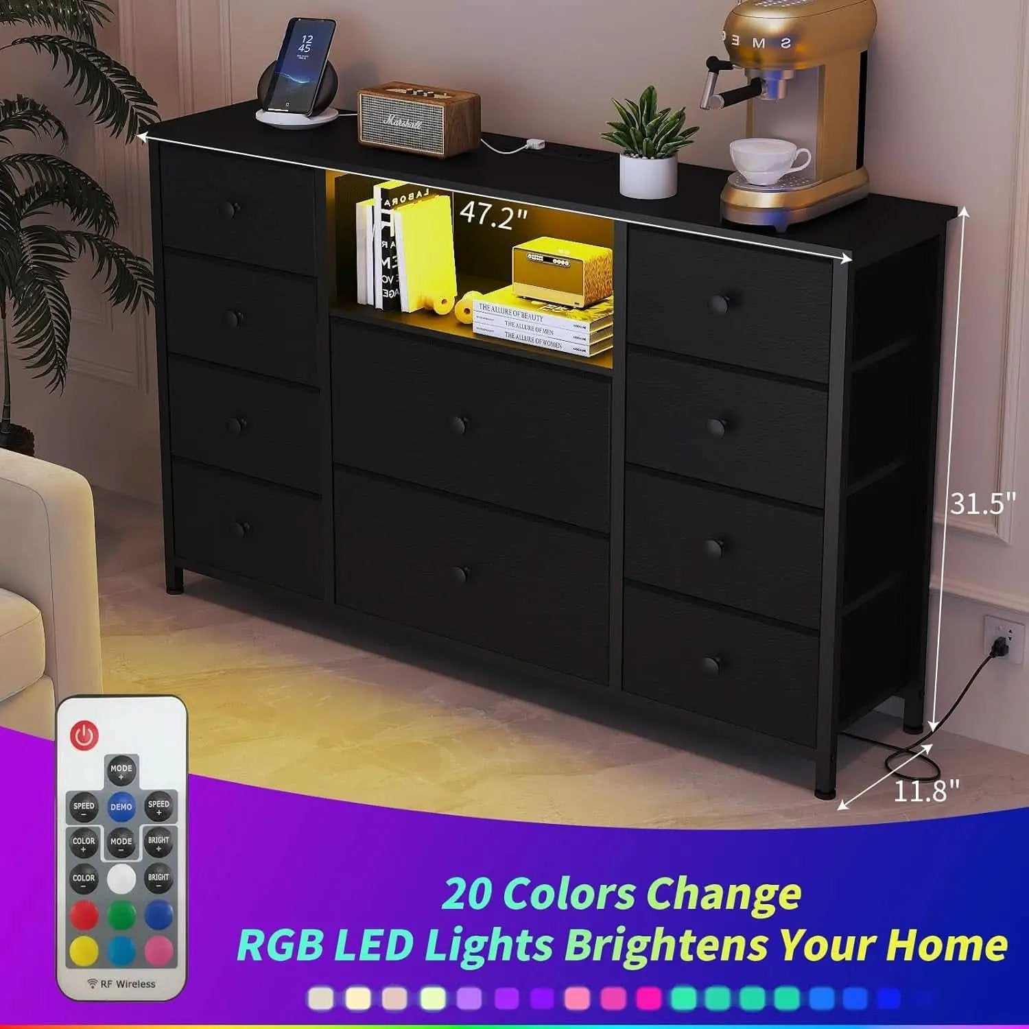 Black Dresser With Charging Station And LED Lights from PriceLows™