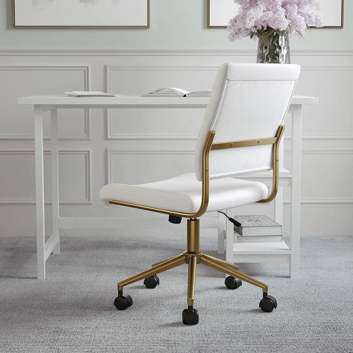 White Faux Leather Armless Swivel Chair Brass Frame from PriceLows™