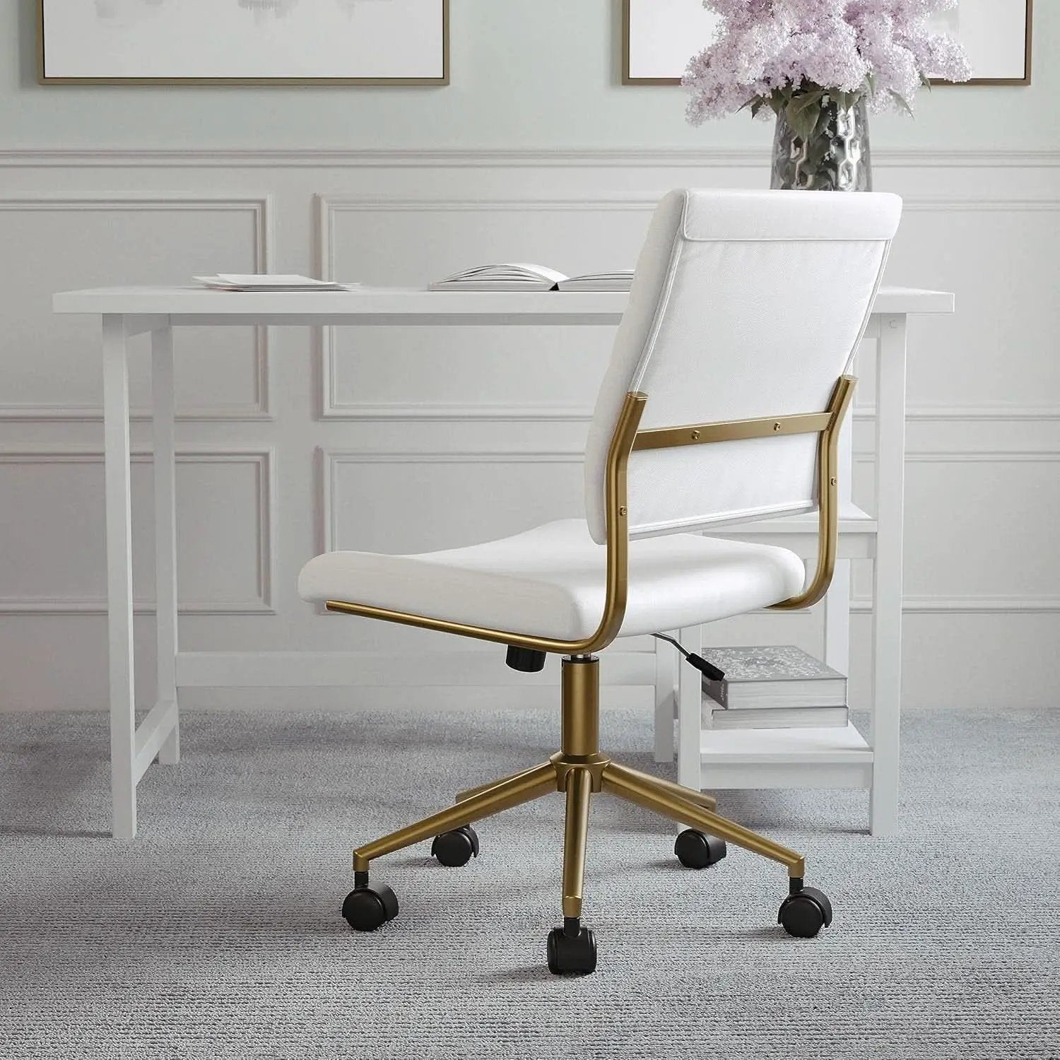 White Faux Leather Armless Swivel Chair Brass Frame from PriceLows™