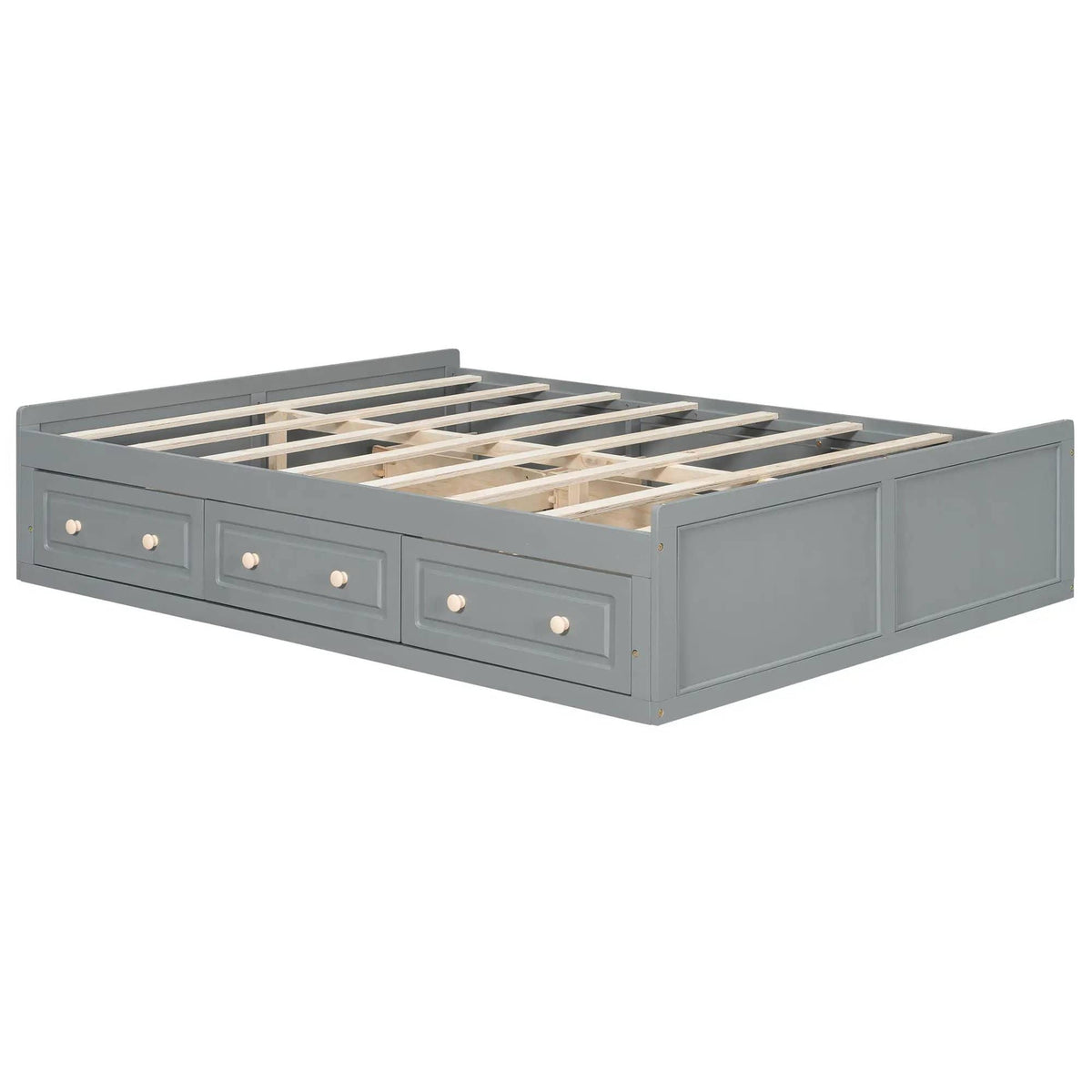Queen Size Platform Bed Frame With 6 Drawers - | 81.7 x 62.2 x 17.7 in | Pine Wood & Mdf | Gray