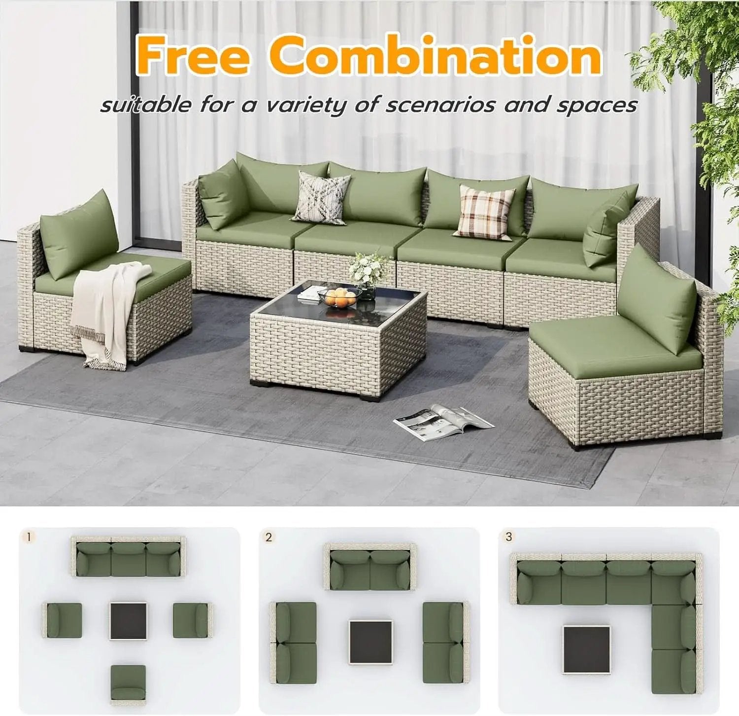 Patio 7 Piece PE Wicker Sectional Sofa Set Table Green from PriceLows™