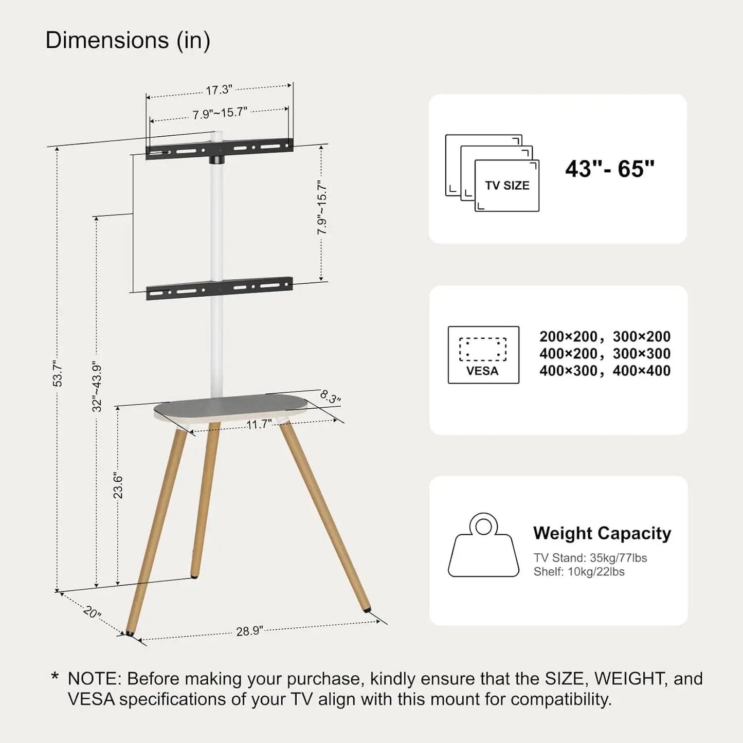 Tripod TV Stand 40-65 Inch White Swivel Wooden Tray from PriceLows™