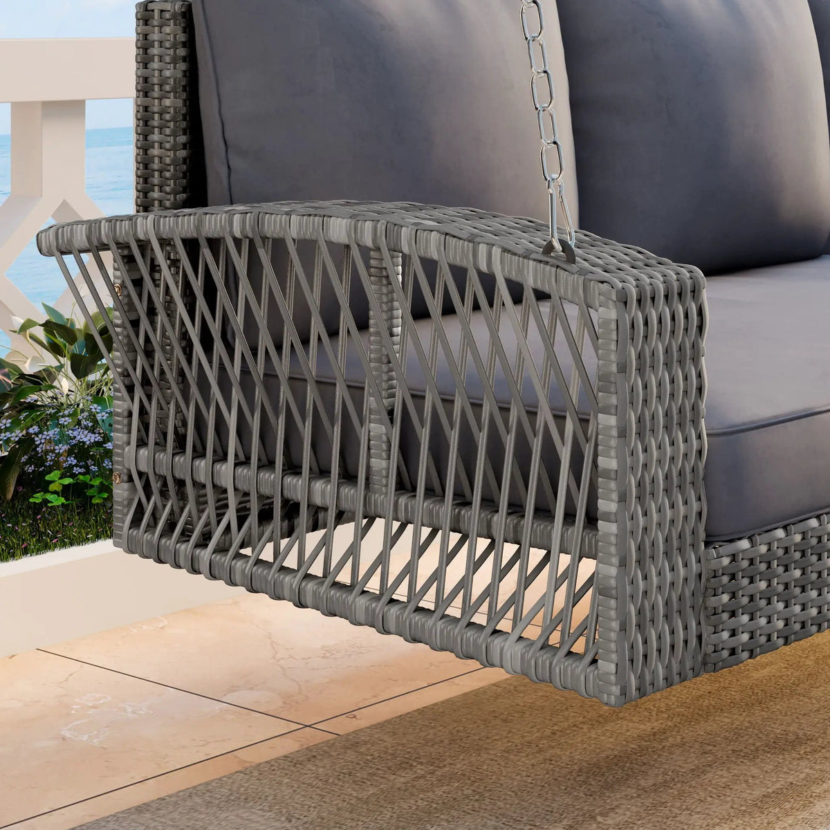 3 Person Patio Swing Bench | Hand-Woven PE Rattan | Cushions Included | Double-Strand Weave