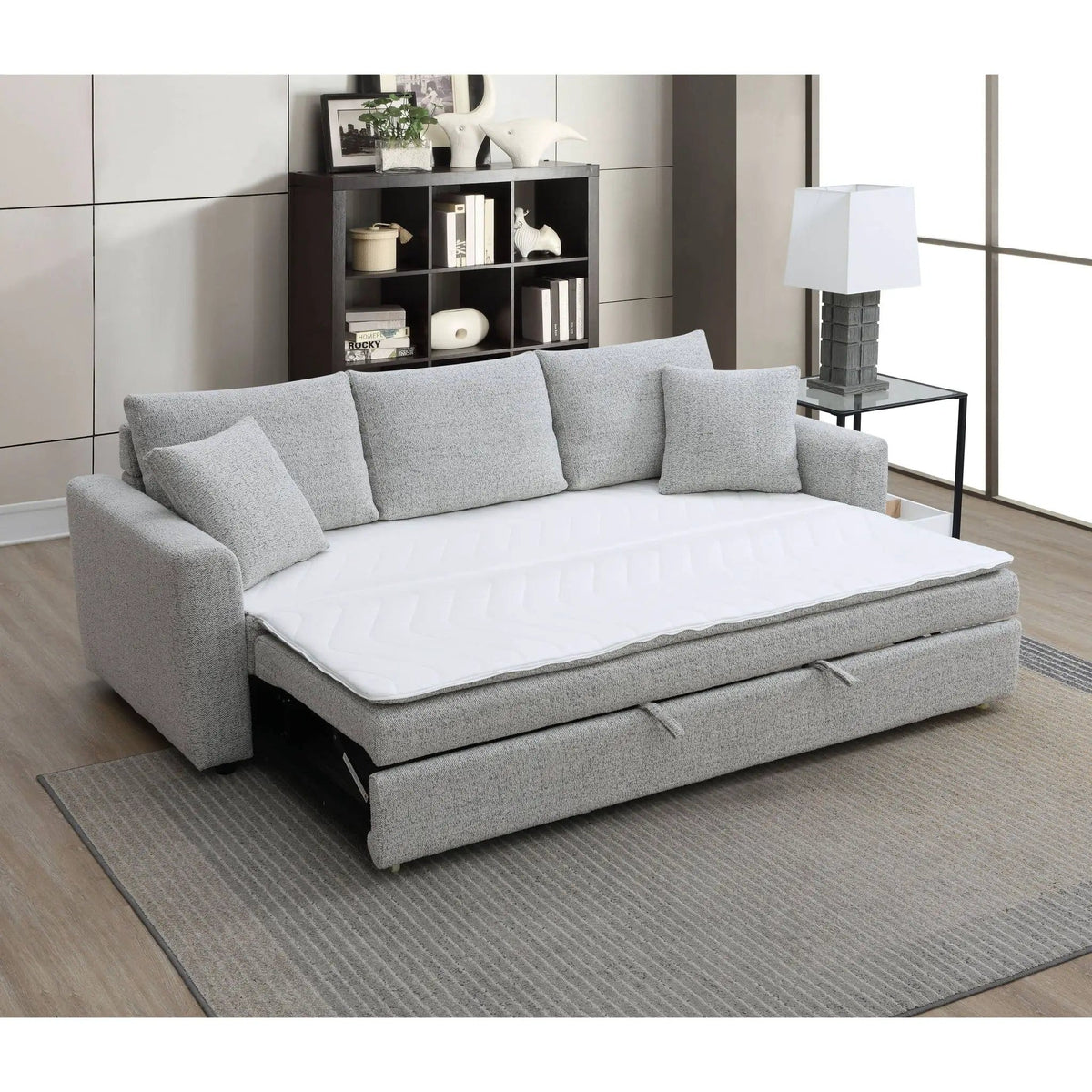 Connie Boucle Sleeper Sectional Sofa With 2 Toss Pillows | 37 x 89 x 35 in | Boucle & Fabric | Beige