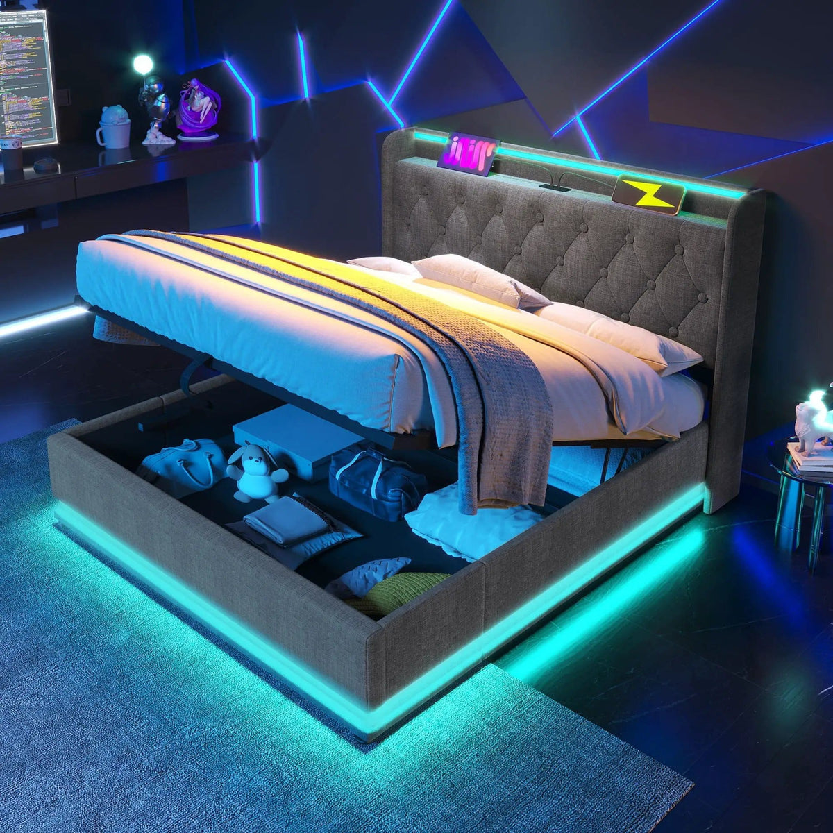 Upholstered Bed, 360 Surround LED Function, Remote Control, Hydraulic Storage Bed | 8 Pieces | Fabric & Iron | Bedroom