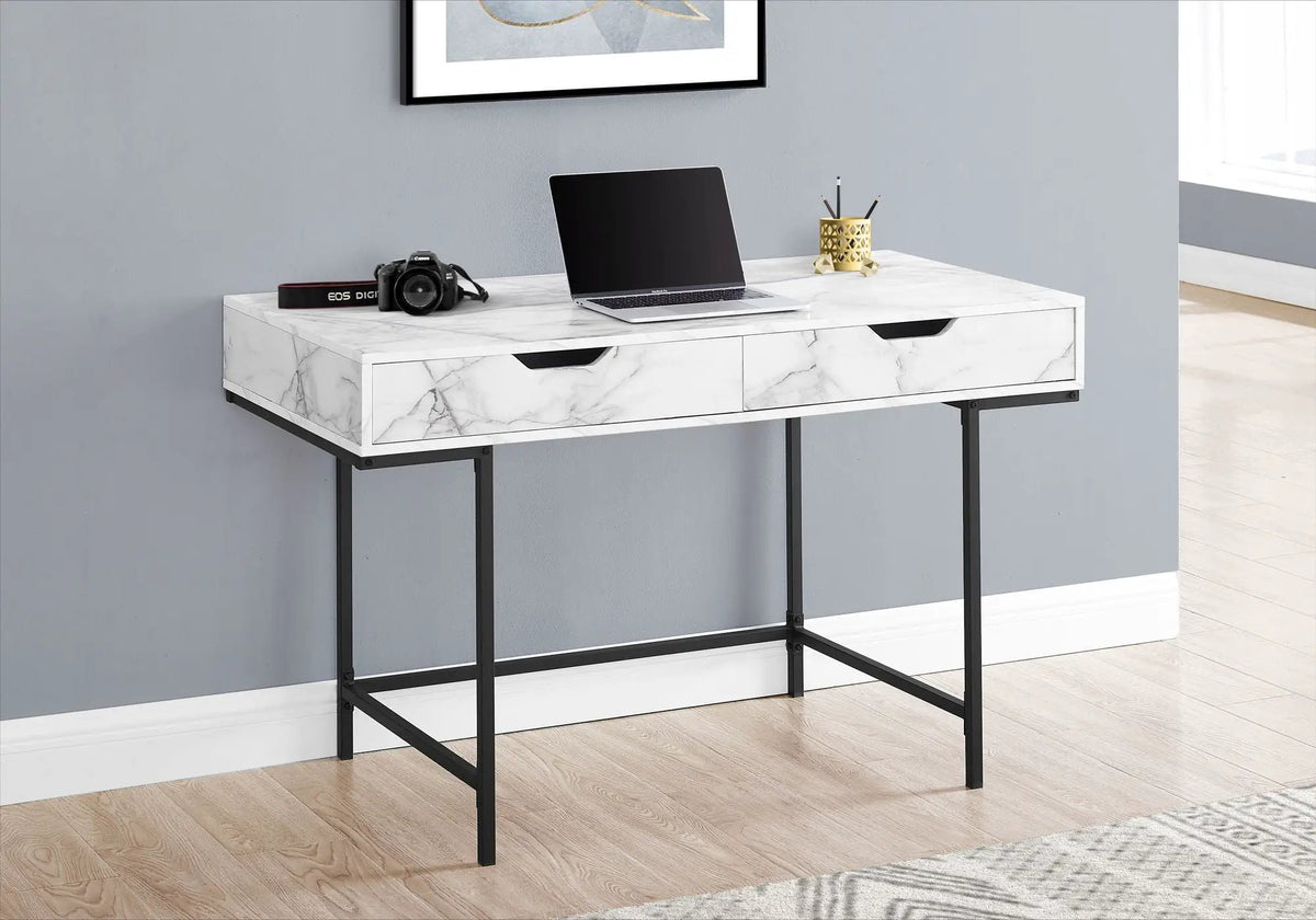 Stone-Look Computer Desk | Two Storage Drawers | Metal Base | 47.25 Inch Length