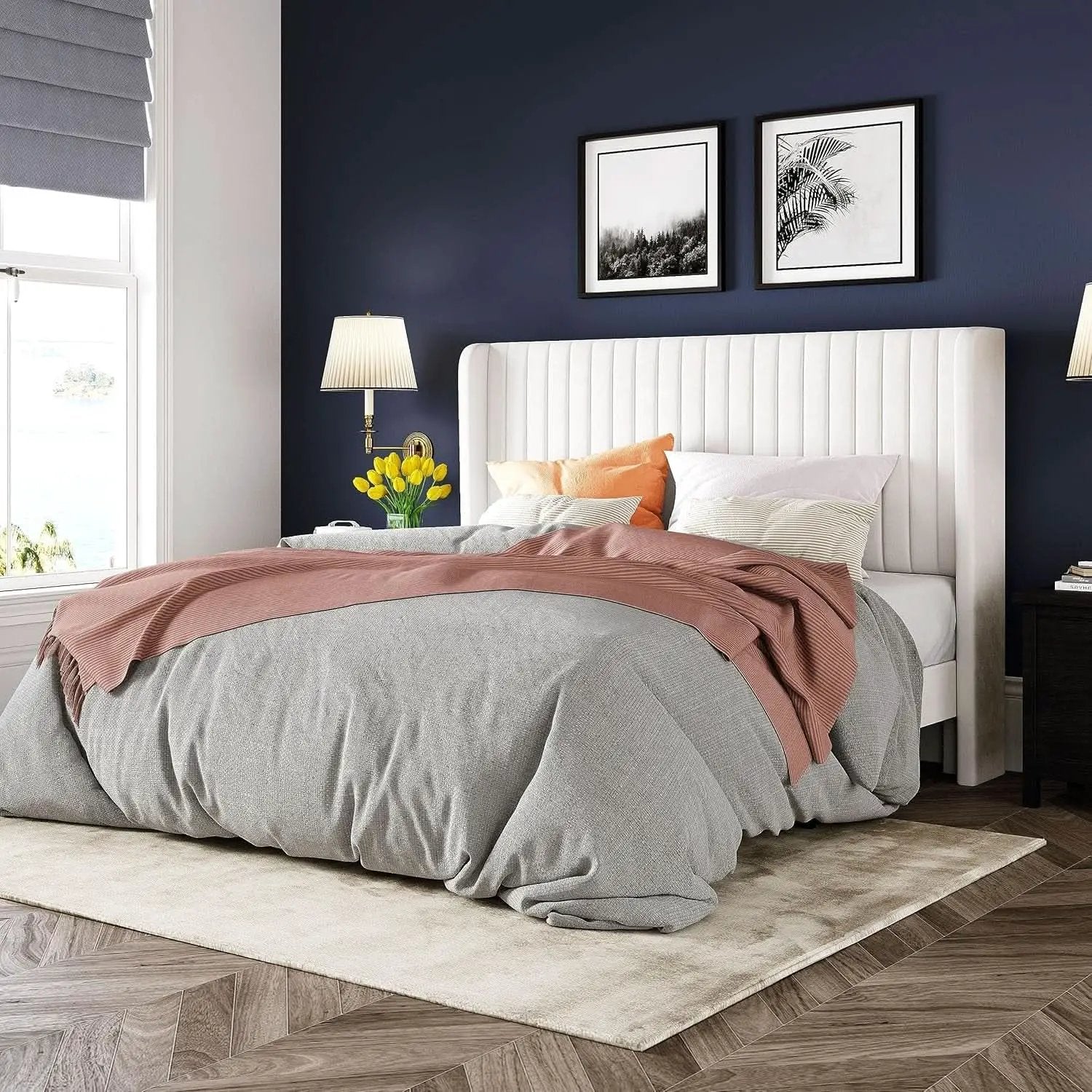 White Velvet Full Bed Frame With Wingback Tufted Headboard from PriceLows™
