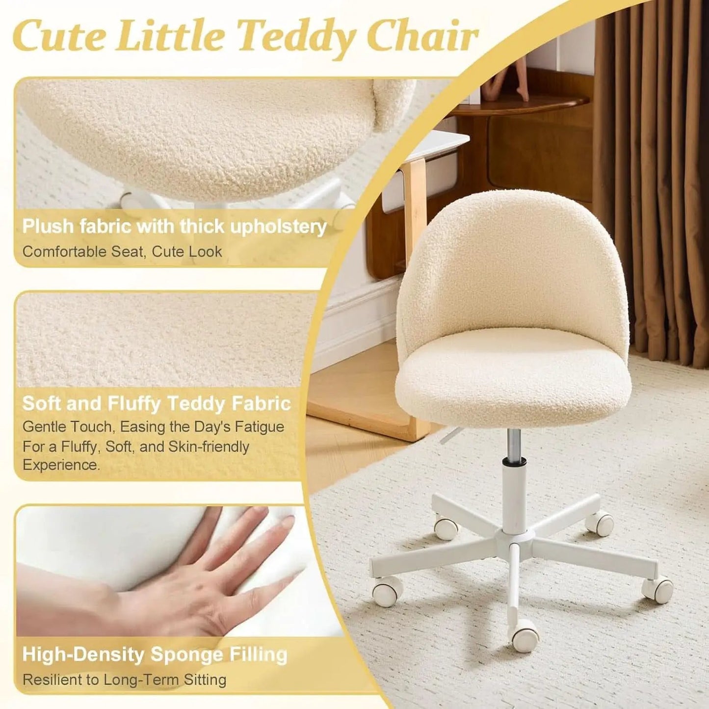 Armless Creamy Beige Teddy Fleece Office Desk Chair With Wheels from PriceLows™