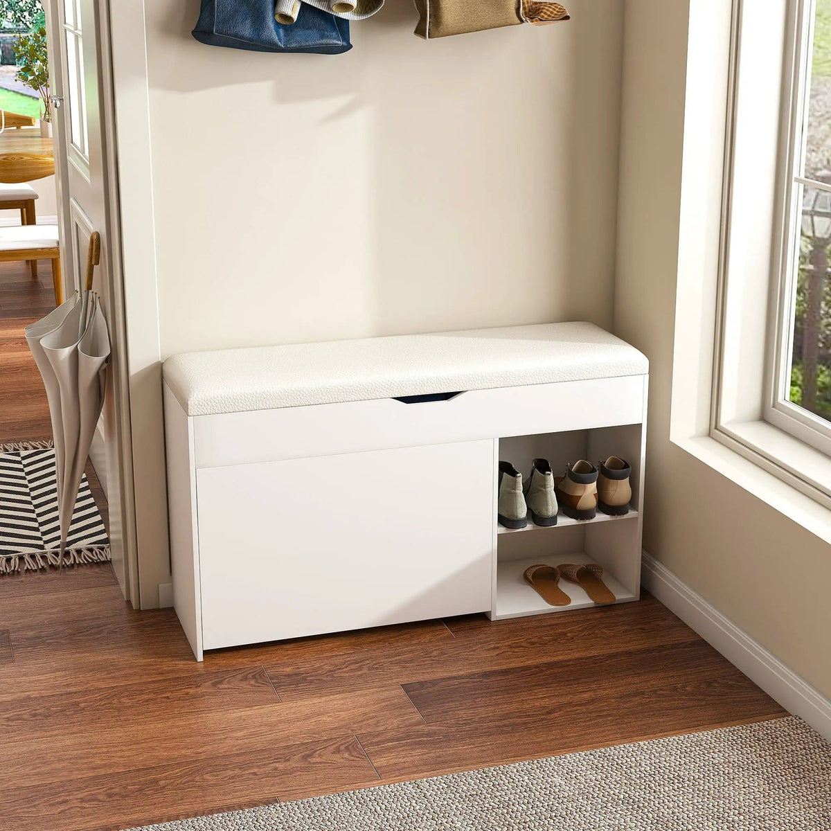 Modern Design Entryway Bench With Adjustable 3 Tier Flip-Up Drawers And Hidden | 39.37 x 11.81 x 20.47 in | 3-Tier | White
