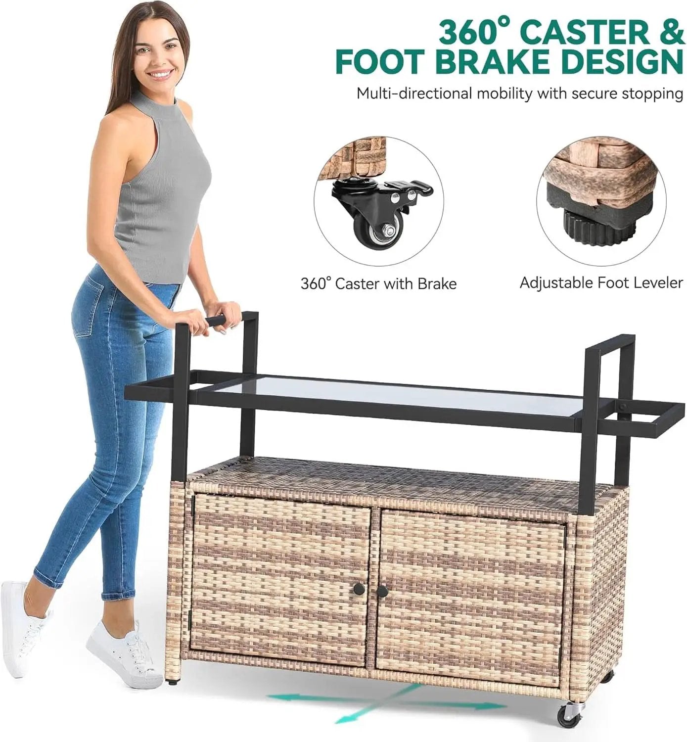 Large Outdoor Kitchen Rolling Cart With Black Glass Top from PriceLows™